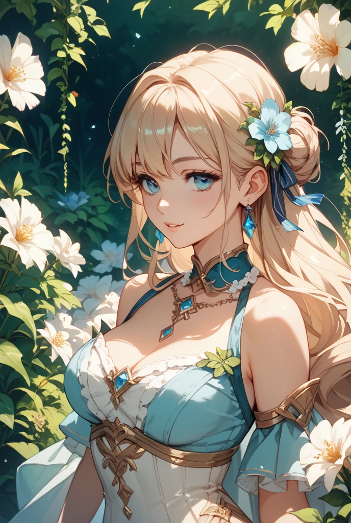 1lady, solo, mature female, long blonde hair, blue eyes, masterpiece, best quality:1.2) delicate illustration, ultra-detailed, blush kind smile, upper body, (from side), (looking at viewer), huge breasts, (cleavage), seductive pose, forest