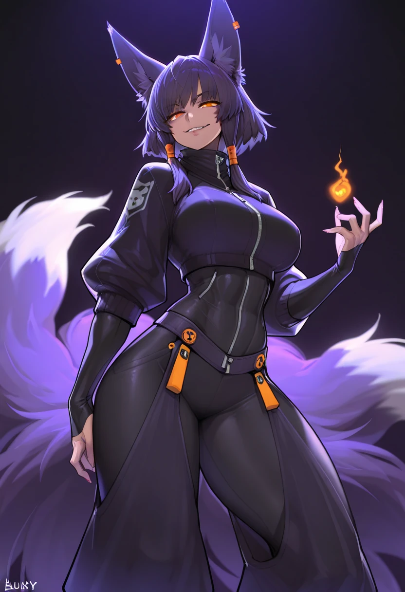 jackal girl, bright black and orange fur, long black and orange hair, penteado rabo de cavalo, stripped skin, blemished skin, Very good figure, bright tone, warm color, colorfully, work of art, super detaill, high qualiy, best qualityer, high resolution, tribal, beautiful and bright eyes, alone, with ninja outfit