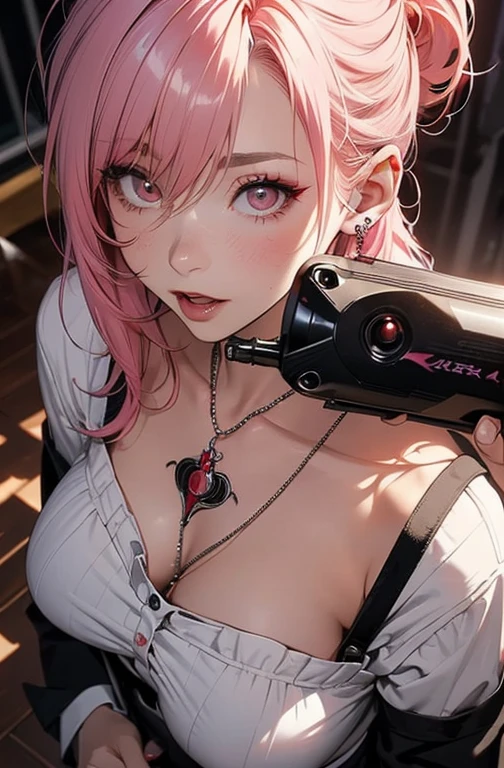 Cool women、sexy、Center of chest、Rize from Chainsaw Man、beauty、Yandere、、Face close-up、Kiss with your eyes closed、Chest tattoo、Get your gun ready?、Christian Dior Necklace、