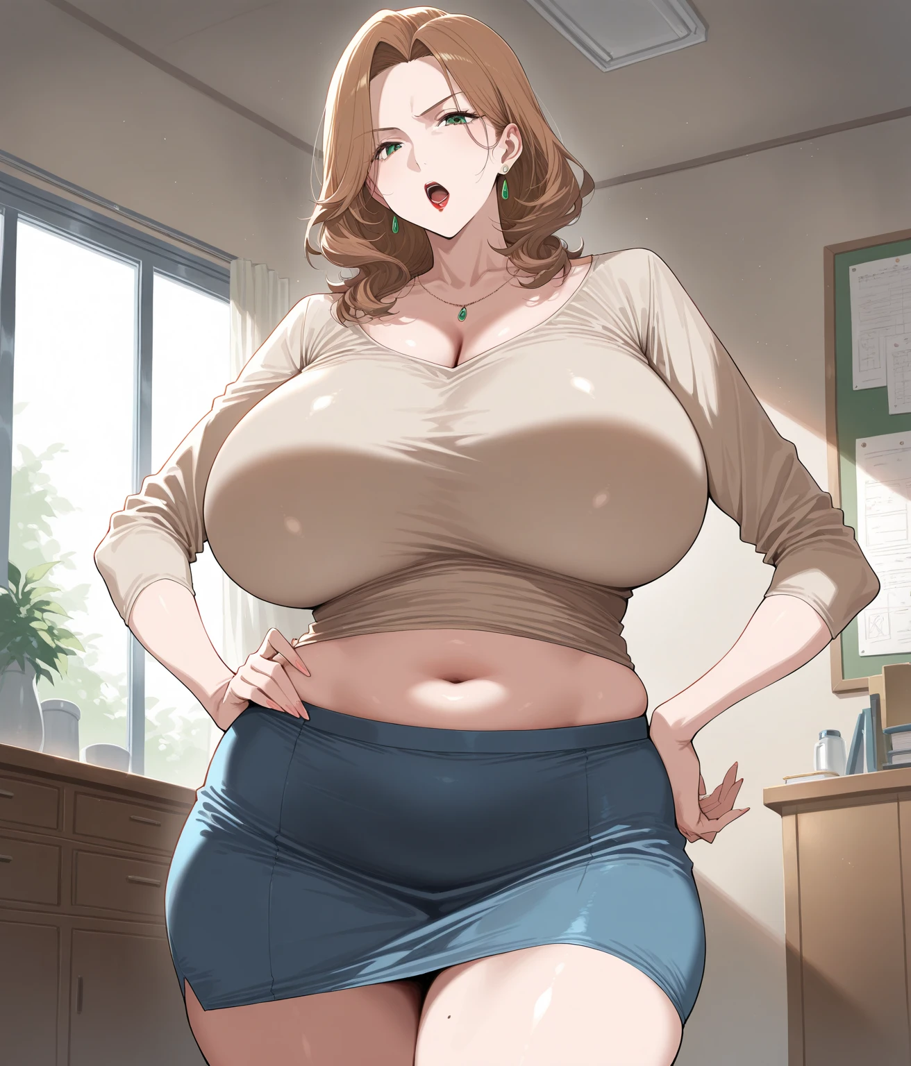 (((kipteitei art))), ((masterpiece)), (((best quality))), ((ultra-detailed)), (((illustration))), detailed face, detailed body, (1girl), (solo), ((Line art)), (in the style of cell shaded), (vivid colors), skindentation, blonde hair, hair over one eye, (((fluffy hair))), looking at viewer, blue eyes, blush, smile, happy, cute, ((formal shirt)), ((pencil skirt)), (((tight skirt))), (((tight clothes))), ear piercing, Large breasts, cleavage, sagging breasts, (((((wide hips))))), ((((((thick thighs)))))), (((curvy))), (Plump), (chubby belly), ((fat rolls)), she has a jiggly belly, ((belly grab)), ((office)),
