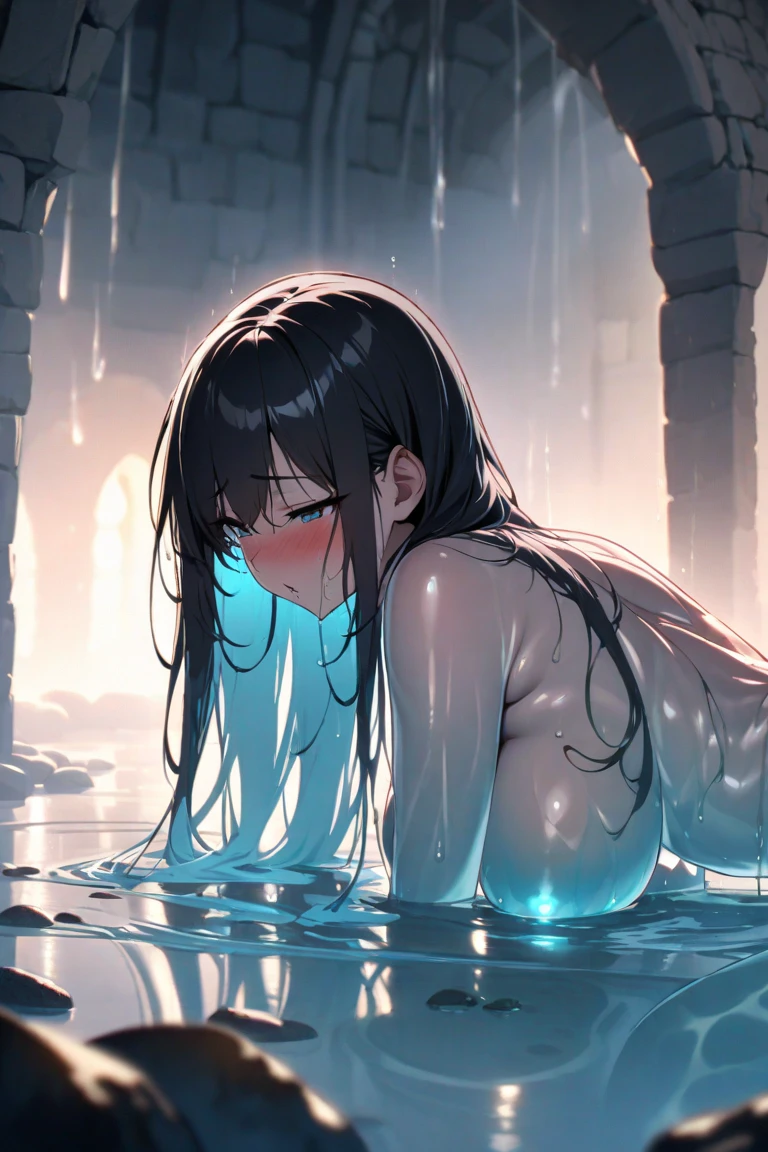 Beautiful girl, beautiful woman, long black hair, big breasts, hiding breasts with hands, dripping water, naked
