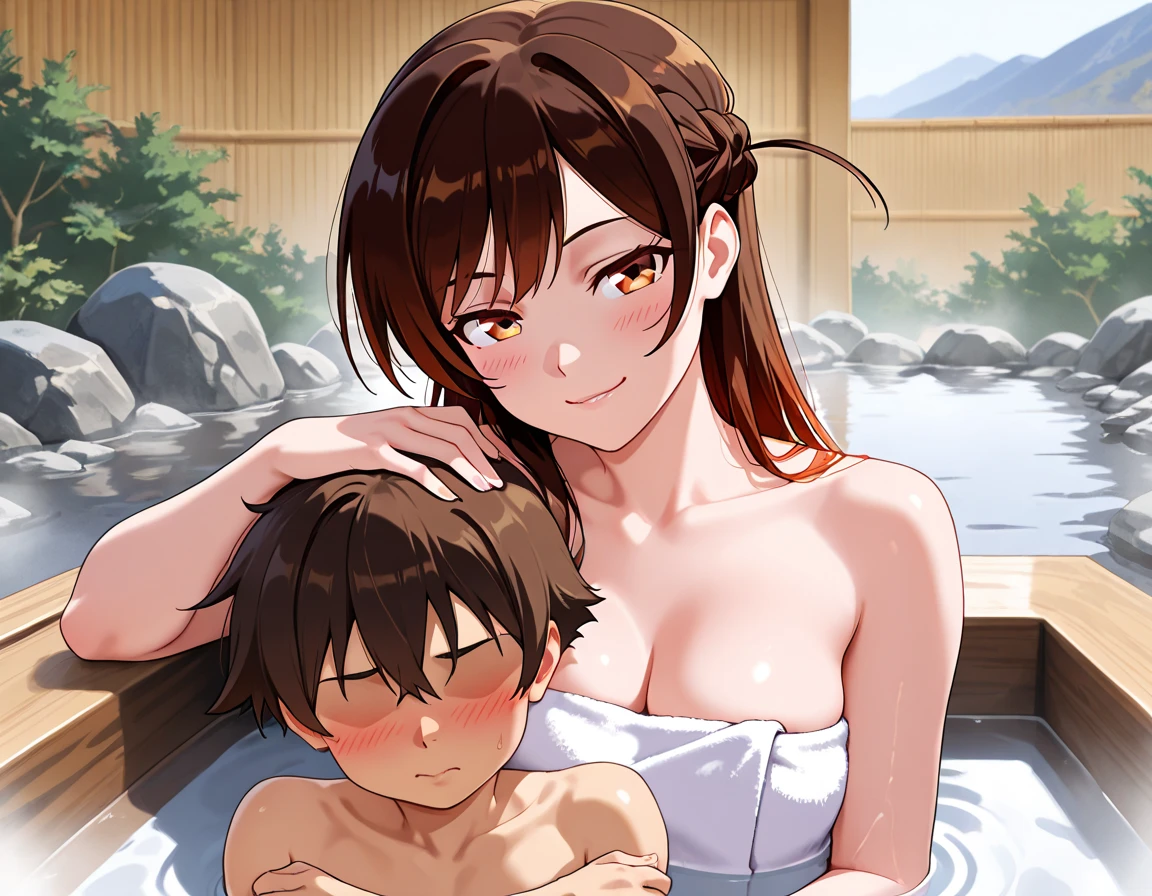 Kasumi Toyama, BanG Dream!,(A 45-year-old mother and a 7-year-old daughter:1.8), (Two Women:1.6), Peace of mind, peace of mind, Trance, Purple eyes, (absurderes, 8k, 4K, masutepiece, hyper extreme detailed:1.2), Best Quality, Perfect Anatomy,Perfect face, Heart-shaped pupils, Being spoiled, looks happy, (big breasted mother:1.5), (A young girl with very small breasts:1.5), Acme, Masterpiece Nipples, Black pubic hair, Erect nipples, (A naked mother and daughter sitting facing each other:1.6), nsfw, NUDE, (In the hot spring:1.5), (Hot bath:1.4), (Sweaty:1.5), grin, (cum body:1.6)