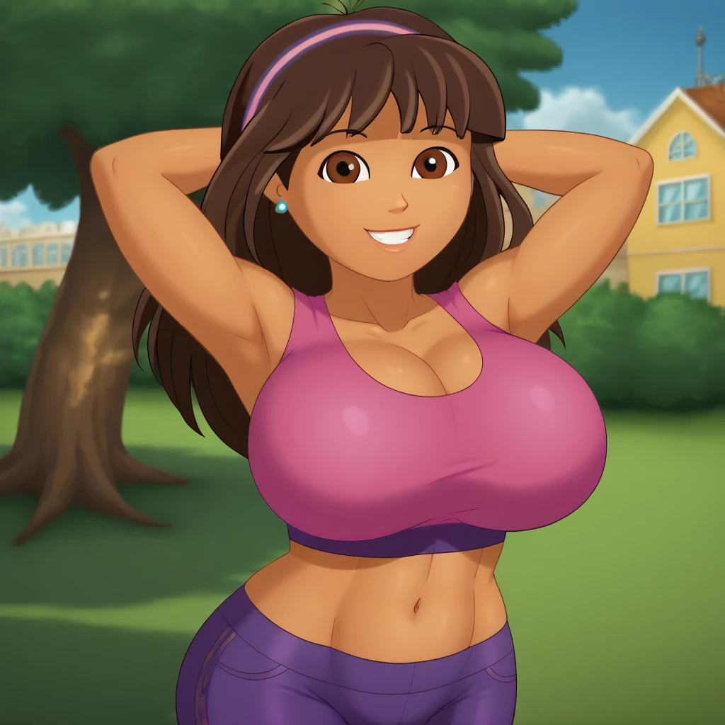 Lara Croft, 1 girl, (((bimbo))), perfect face, perfect eyes, looking at viewer, single long braid, brown hair, puffy lips, thick lips, wide hips, thick thighs, craving lust face, huge natural breasts, cleavage, mature mom, perfect face, perfect eyes, outdoors, park, black sport shorts, aqua green sports bra, fakebreasts, tanned skin, navel, 5+shotas, hypnosis, by woman, following girl, like dogs