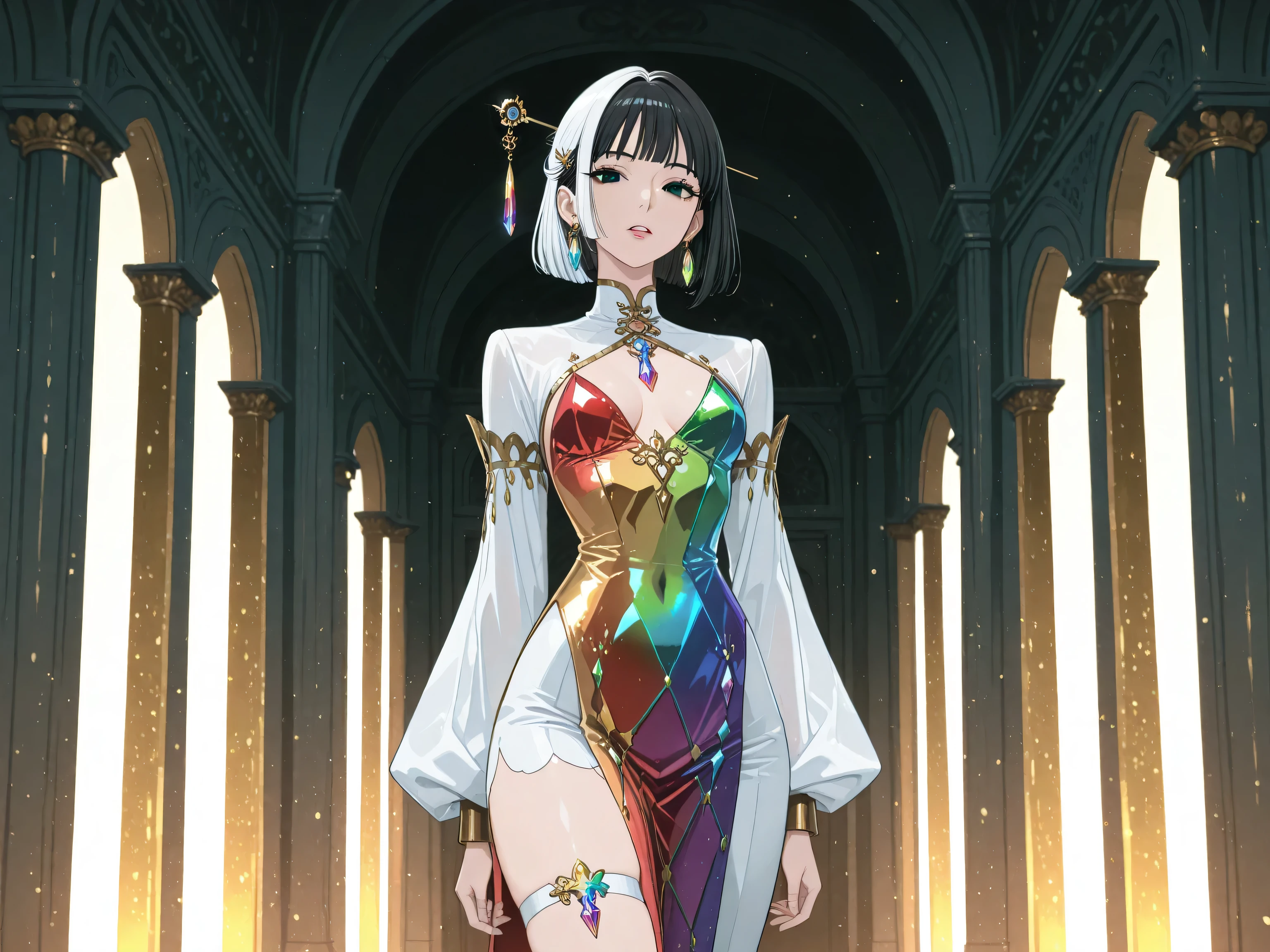 1girl,best quality, amazing quality cowboy shot, simple background,((outlined outlined vector graphics)),
20yo, black hair, black eyes, short bob hair, hair pin,small breast, slender,(white thigh strap:1.1),
front view , looking at viewer ,
looking at viewer,, jewelry, white hair, earrings, parted lips,indoors,, lips,gold rainbow crystal outfit,rainbow crystal outfit , rainbow crystal dress, long sleeve , walking , , , , , ,pants, (clothed:1.2) ,(clothed:1.2) , <lora:rainbow-crystal-il-20:1>