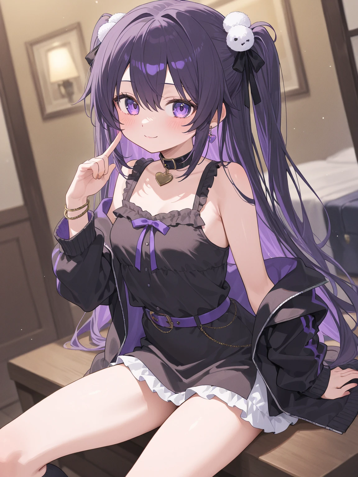masterpiece, best quality, ultra-detailed, illustration, beautiful detailed eyes, 1girl, thin belly, bareshoulder, violet microskirt,purple braid hair, background is a cosy living with firepit, warrior, holding sword, smallbreast,full body, ontdoor, cave,