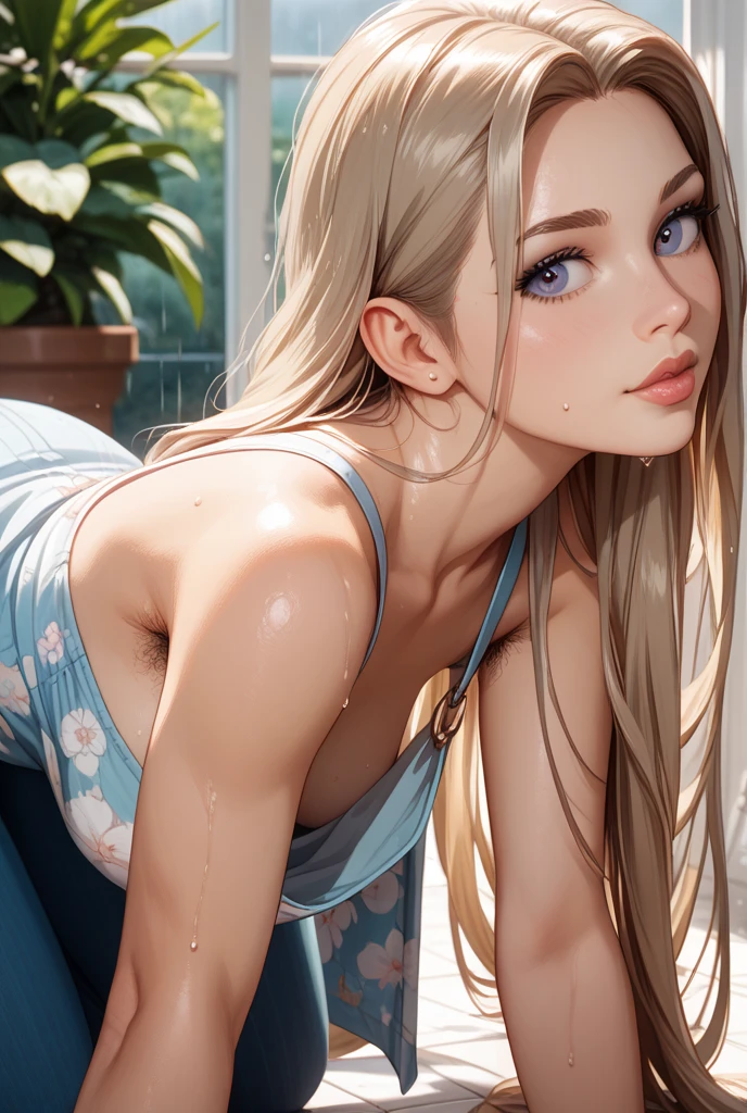 (masterpiece:1.2, best quality), (real picture, intricate details), 1lady, solo, upper body, casual, school setting, long hair, minimal makeup, natural fabrics, close-up face, smile, school, long light platinum blonde hair, bangs, hair bangs, bangs between eyes, green eyes, big breasts, big tits, big butt, school swimsuit, tight swimsuit, mature body, sexy, sweaty, sweat, sweat on tits, sweat on thighs, wet, detailed