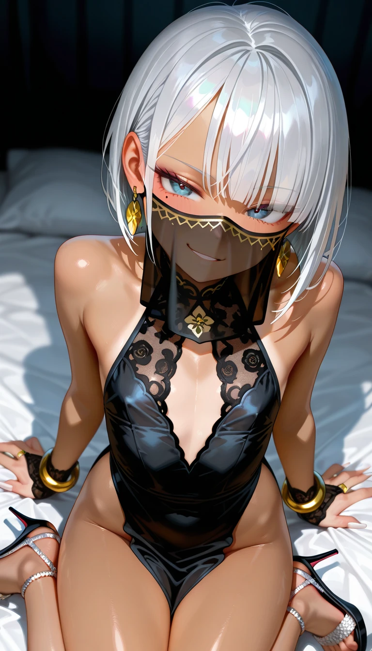 ((masterpiece)), ((highest quality)), (Super detailed), ((Very detailed)), 4K, (8k), One girl, alone, Stunning cute dark-skinned girl, Super detailed eyes, Ash blonde bob cut hair with bangs, golden bikini with face veil, Solid black background