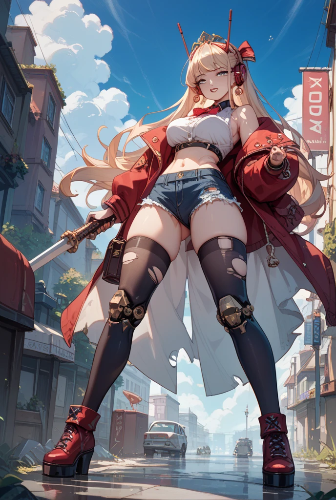 Giant Girl 50,000 feet high，Have a pair of long legs，Have a pair of huge breasts，Wearing a red bikini，Waist-length blonde hair，Loose hair，Wear a pair of Mary Janes，Blonde curly hair，Full of enjoyment，Standing firm in a crowded city, Vandalism，It seems to be an invincible existence,Beautiful appearance，Exquisite makeup，quality，8K，高quality，(Governor:1.5)，Perfect proportion, theater lighting，Film Grain，Fuji Colors，8K，Textured Skin，Super Detail，High Detail，high quality，high resolution，thunderclap，Fake laugh，Morning，Perfect body
