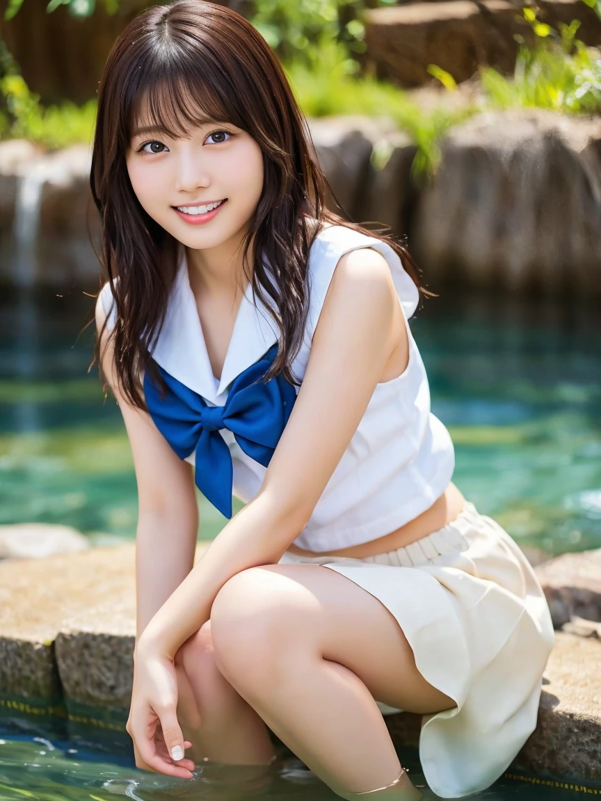 Asian woman in her fifties sitting cross-legged on a stone ledge, Young and cute gravure idol, realistic Young Gravure Idol, Young Sensual Gravure Idol, A sophisticated gravure idol, Young Gravure Idol, Young and skinny gravure idol, Teasing Smile, Young Japanese girl, Friendly and seductive smile, It's hot with the shining sun, An innocent smile, Cute seductive smile