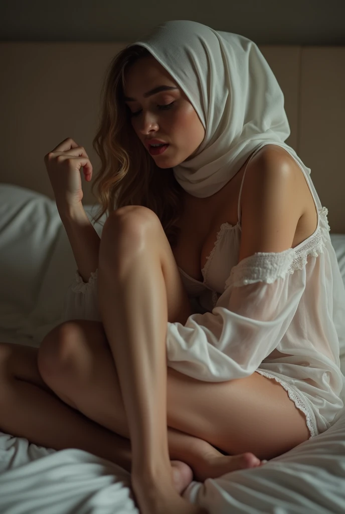 hijab girl,nude,show breast,white skin,sleeping in the bedroom with panties