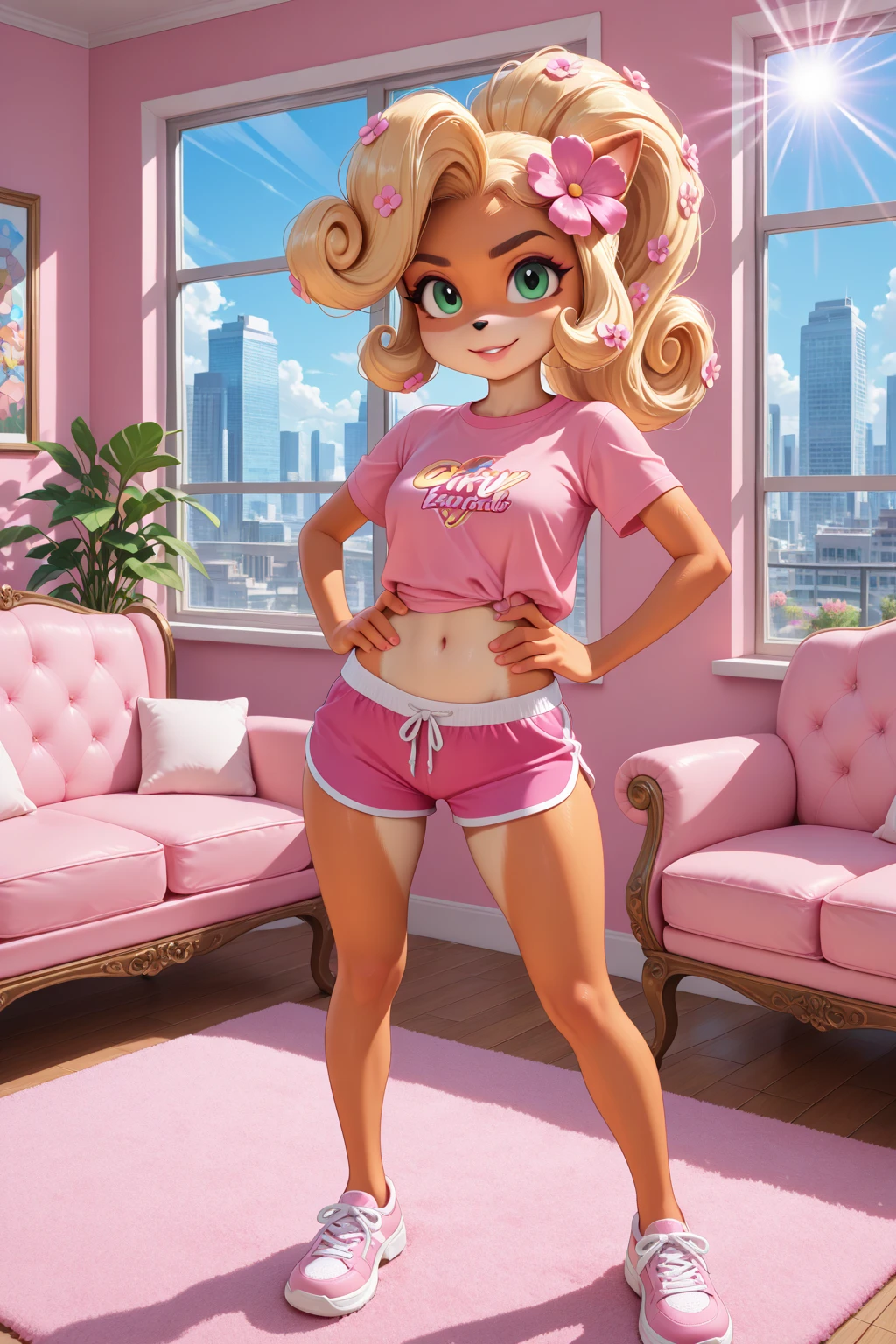 Peg Pete, red big hair, black eyes, animal nose, pink shirt, dark skin, hoop earrings, , pink flasts, looking at viewer, smiling, full body shot, standing, hands on hips, inside cozy living room, sofa, lamp, high quality, masterpiece , Porte-jarretelles, tétons, ????