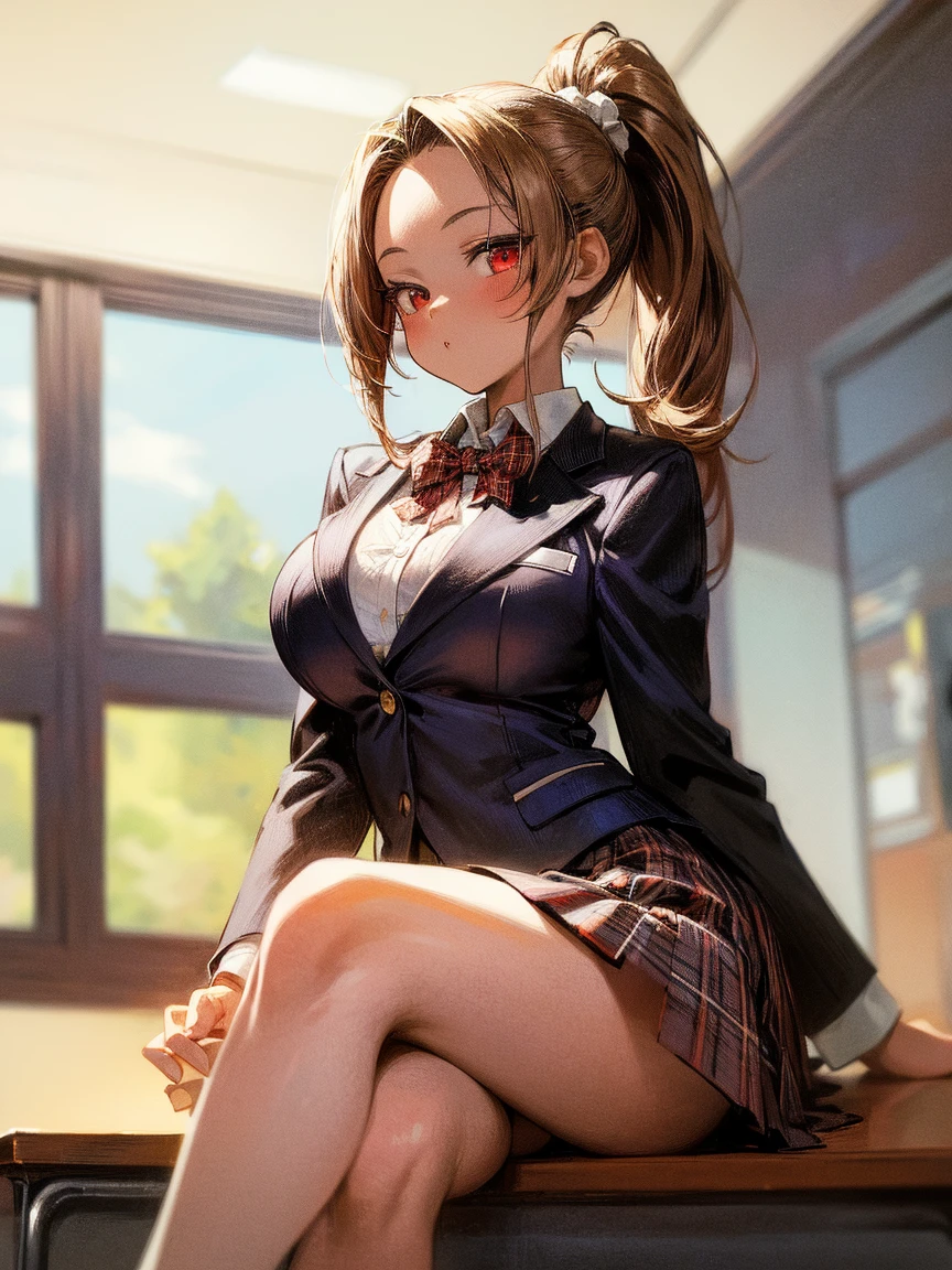 (Adult female:1.3)、The exact number of fingers、Exact number of legs、Exact number of arms、bangs, ponytail, Brown Hair, (blush:1), (Table Sex, Masturbation:1.4), (Pussy juice:1.2), ((Dark Blue Blazer, White shirt, Check Pleated Skirt, Perfect Skirt, Red ribbon at collar:1)), (Stylish pink satin panties:1.4), (Stylish pink satin bra:1.1),Knee socks ,Open shirt , Her skirt is rolled up, (Showing panties:1.2), (Showing off your bra:0.98), Beautiful big , Slender body, Highest quality, High resolution, Highly detailed face, Perfect lighting, Extremely detailed CG, (Perfect hands, Perfect Anatomy), Embarrassed expression, The facial expression of a person who is holding back from going to the toilet, (Sexual pleasure expression:1.4), (Anguished expression:1.2)、Sexy Looks、look up、mouth half open、close your eyes,climax 、(School classroom:1.5)、whole body, Browsing Caution, Place one'Place your hands on the desk、Leaning forward