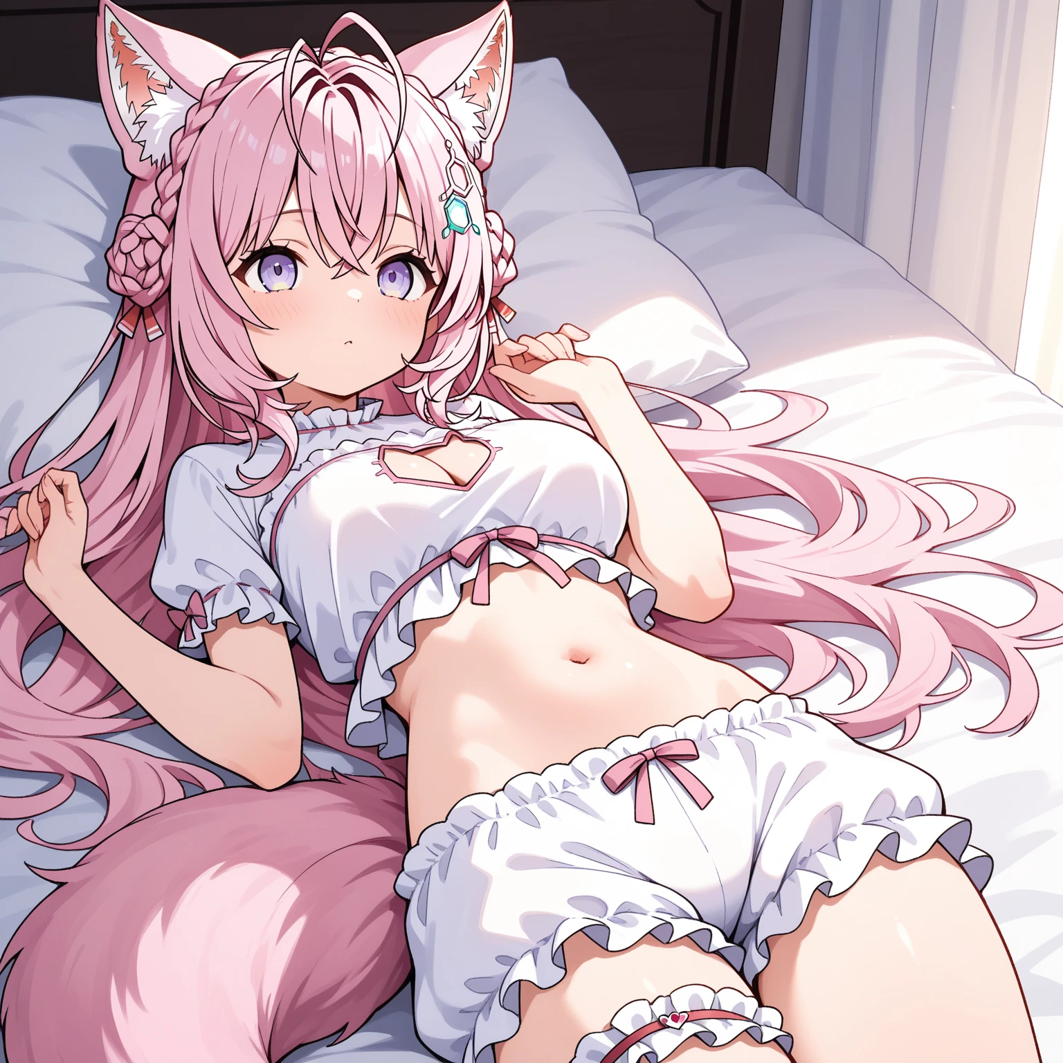 Beautiful illustrations, Highest quality, masterpiece, detailed, One person,small,cute,blush,smile,Clear eyes, White chemise dress,Pink Hair, Long Hair,Cat ear,(Fox tail),On the white blanket, Cowgirl, From below, Cowboy Shot, ((Japanese-style room)), (darkness), (Perfect Legs),barefoot