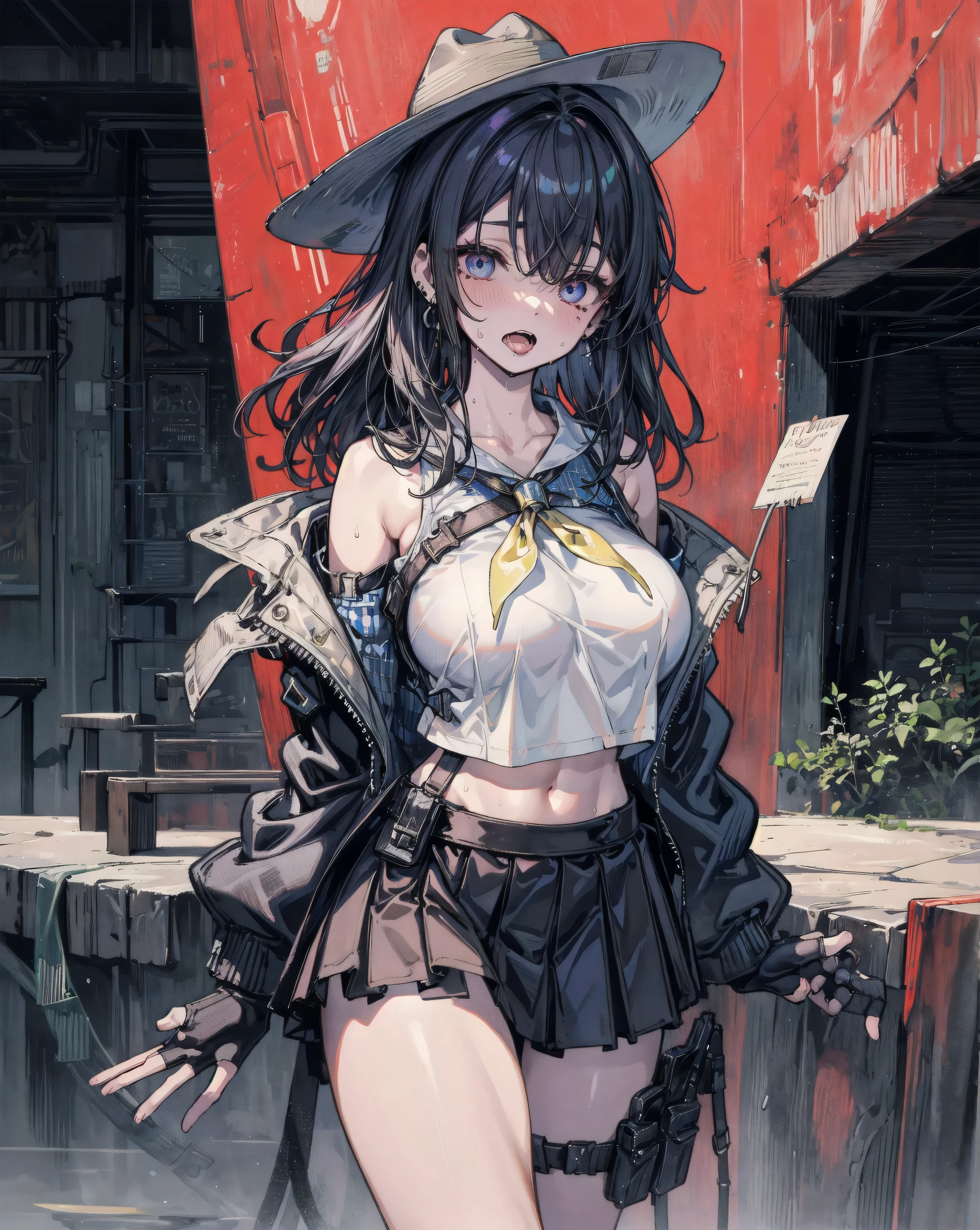 (masterpiece:1.2), (Military uniform magazine cover:1.4),best quality,PIXIV,Sweet girl , sexy posture,1girl, (perky chest:1.2), rolling upskirt by wind:1.6, (with sparkling eyes and a contagious smile),open mouth, (pointed chest:1.2),fishnets, black hair, boots, long hair, black nails, skirt, shirt, black footwear, bag, black skirt, jewelry, jacket, thigh strap, bangs, necktie, earrings, nail polish, multicolored hair, looking at viewer, full body, bottle, own hands together, belt, jacket on shoulders, food, cats on head, ring, choker, english text, collared shirt, blue eyes, hat, lace-up boots ,masterpiece、highest quality、Very detailed、An illustration、Beautiful fine details、One Girl、cute、Detailed landscape、Training Room Background:1.4、Platinum Blonde Hair、Braided Ponytail、Red camisole、((c cup breasts, Tank top showing underboob:1.4))