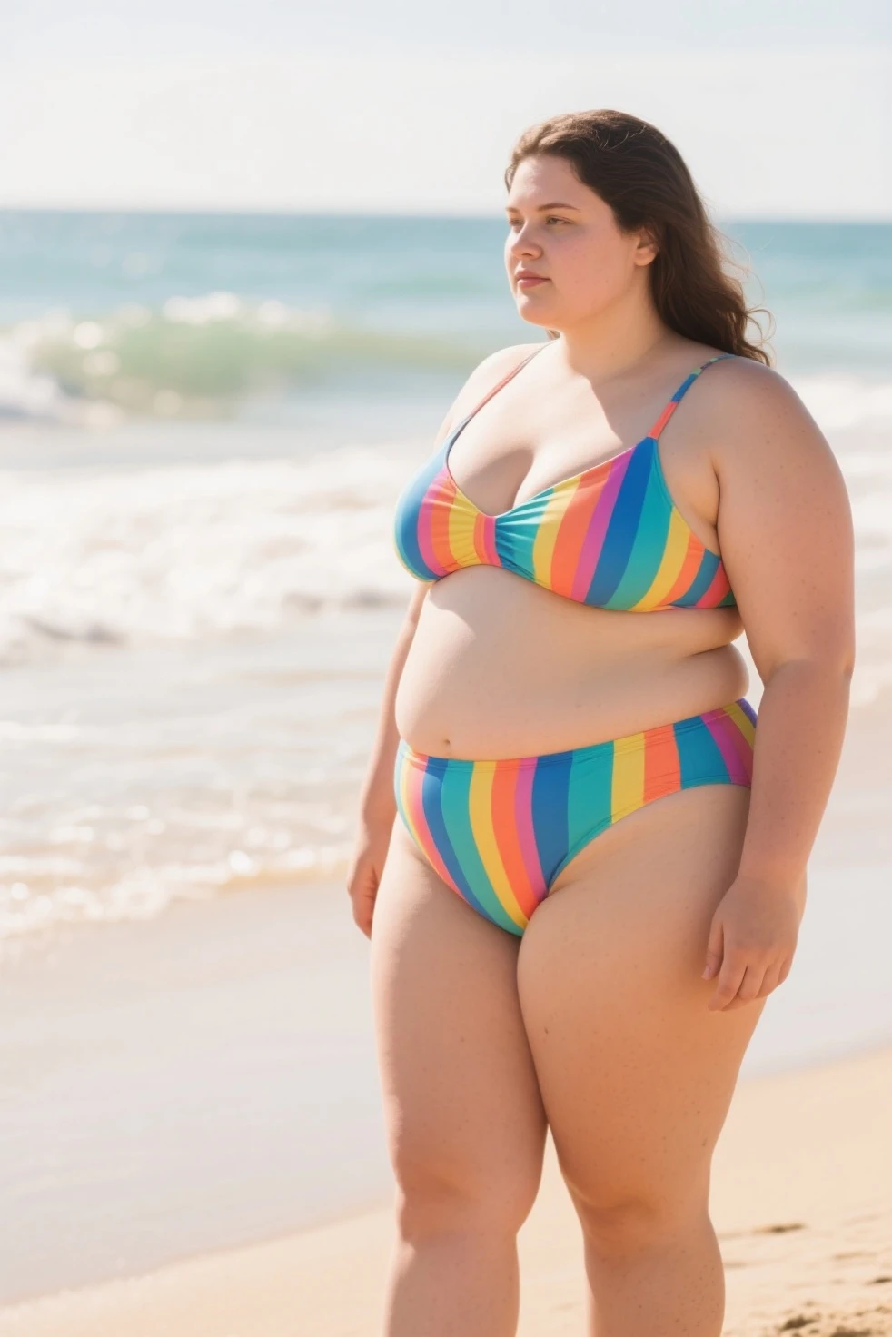Beautiful fat woman standing by the sea