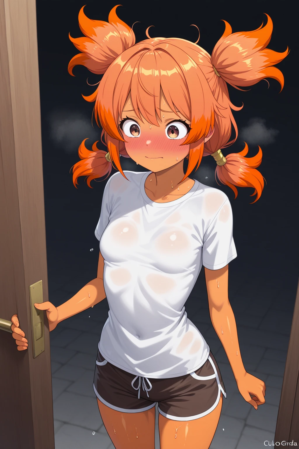 ((masterpiece))((Highest quality))girl、Laughing with your mouth open、blush、Flat Chest、Are thin、Blonde Hair、blush、Are standing、Whole body image、Eye level on face、、No background、Hair is two colors、Twin tails、Red Eyes、Two-tone red and yellow hair、Completely naked、Greeting with pussy