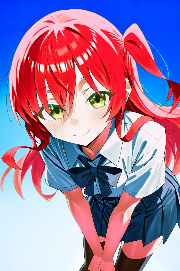 1girl,favSK,red hair, <lora:favSKAV5:0.9>, seductive smile,thighhighs, hand on hip, school uniform, yellow eyes,