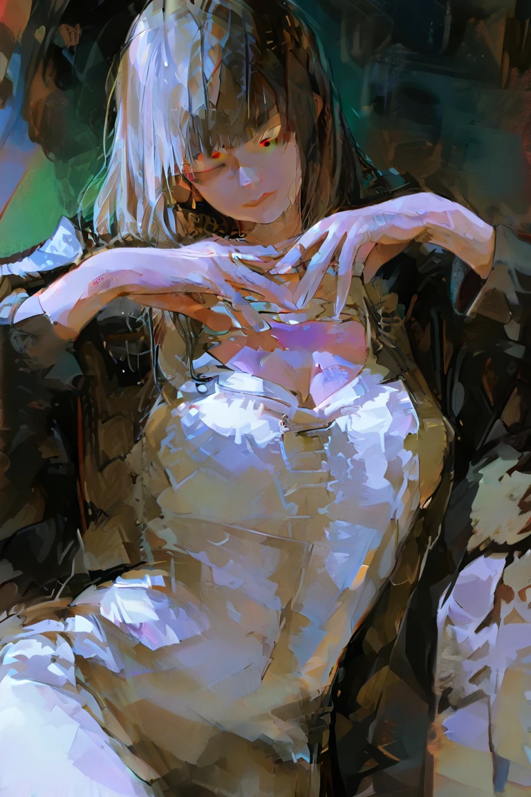 (masterpiece:1.2, best quality), (1lady, solo, upper body:1.2), Hair: buzz cut, Clothing: oversized, distressed denim jacket with patches and pins, paired with black skinny jeans and combat boots, Accessories: silver hoop earrings and a black choker necklace, Hanging out in an underground music venue or street art exhibit