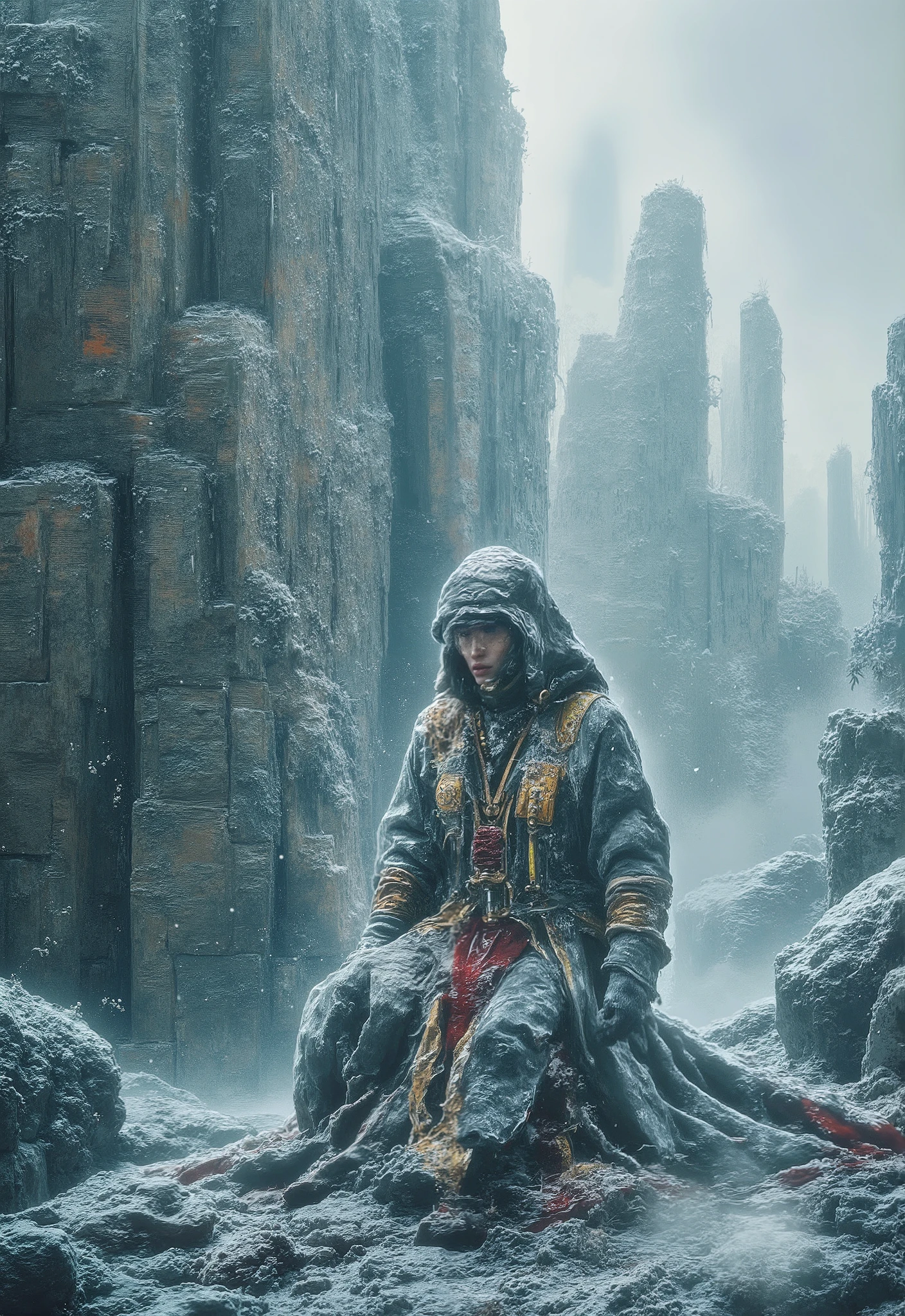 high detailed dystopian futuristic scenerie, lonely arctic wasteland thick layeres of frost ice and snow, ink painting with watercolors and washed ink effect. atmospheric shot. abstract and surreal parts, soft hazy colors, photorealistic parts, intens color highlights, long exposure, grunge style, ink punk style, intense mood, mix charcoal art and high contrasting highlights a detailed photorealistic aristocratic ethereal majestic female in cyberpunk style with a paper roll in her hand, standing on a rough cliff, frozen in perpetual ice. Frost punkstyle, cruelty lonely frosted stone ruins. expensive pompous robe, flowing silk robe with burgundy detailes and golden bordure.