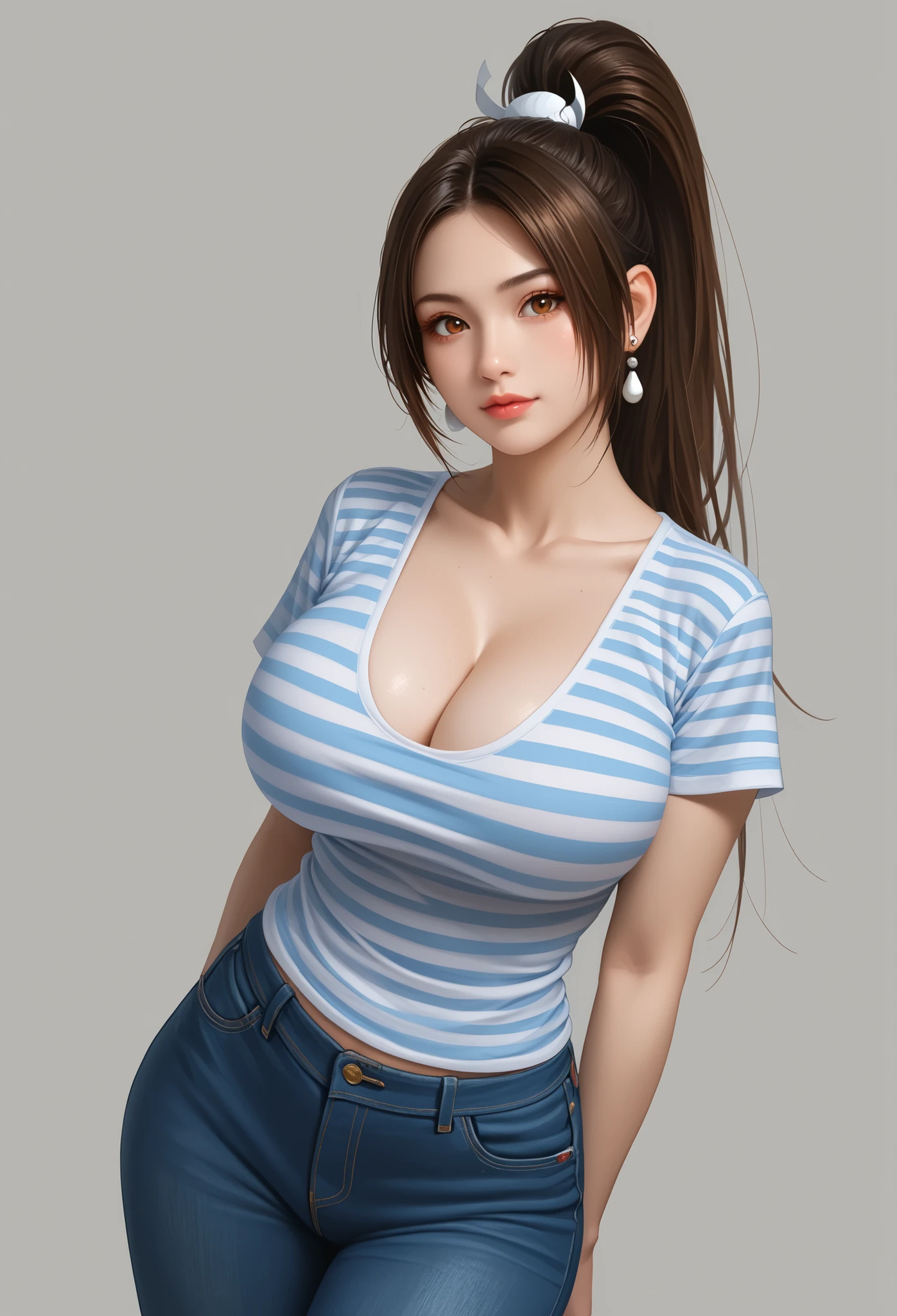 masutepiece, Best Quality, Illustration, Ultra-detailed, finely detail, hight resolution, 8K Wallpaper, Perfect dynamic composition, Beautiful detailed eyes,  Natural Lip, white t-shirts, loose-fitting clothing ,Short denim pants , Big breasts, cleavage, Full body, Random sexy poses,