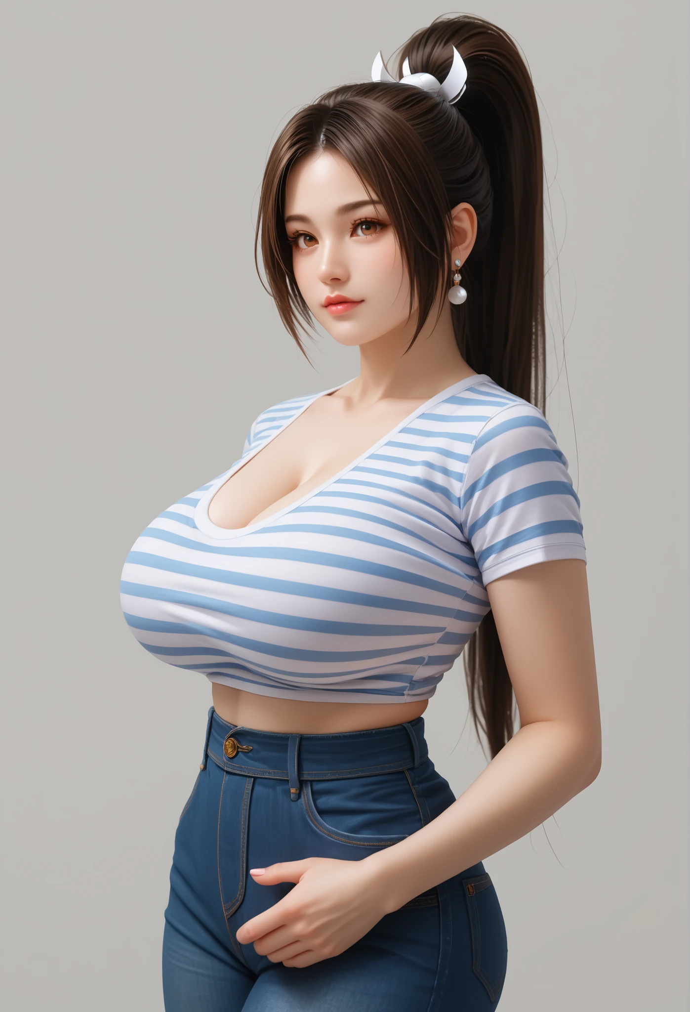 Japanese beautiful girl, huge breasts . grey background,
mai shiranui, ponytail , made a playful expression. ,
, dark jeans, earrings,striped T-shirt
,