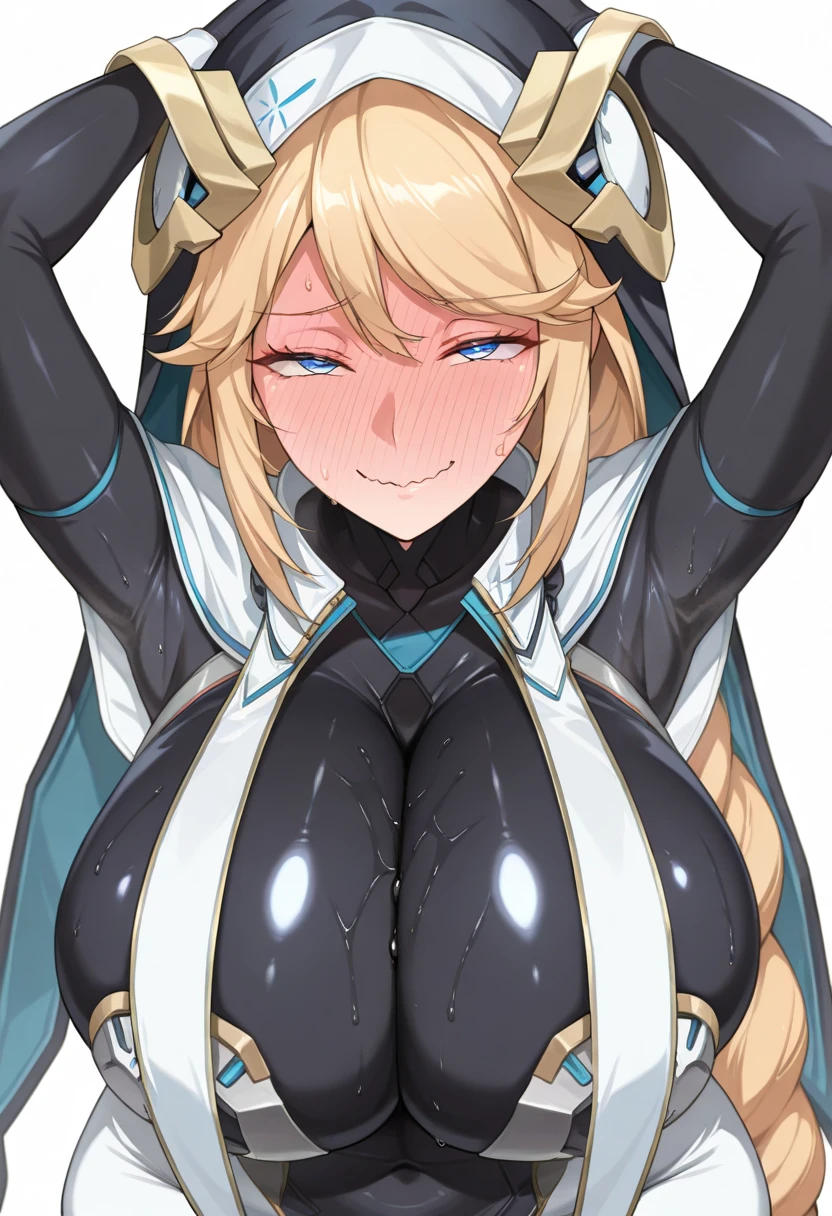 1girl, large breasts, breasts, thick thighs, wide hips, wolf ears, wolf tail, blonde hair, tan skin, tan body, tan, toned, toned female, gloves, fingerless gloves, black jacket, jacket, sports bra, sportswear, blue neon trim, blue trim, highleg panties, neon trim, neon, machinery, futuristic, light smile, cutout, mature female, ponytail, long ponytail, cameltoe, pointy hair, spiked hair, blue eyes, baseball cap, cap, hat, tall, tall female