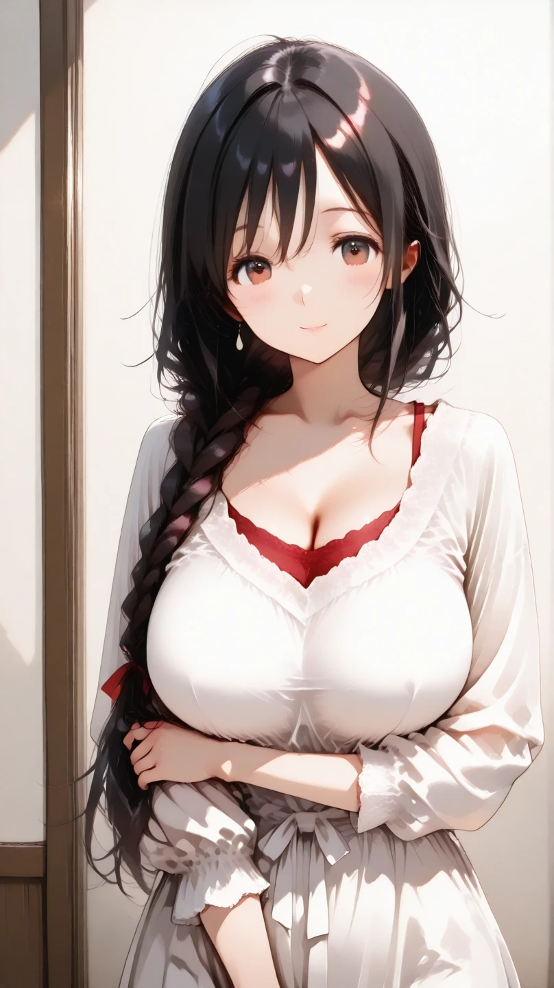 Close-up of a woman posing for a photo in a white shirt, sakimichan, oppai, Yoshitomo Nara, shikamimi, Japanese goddess, sie boob, thicc, Busty, Middle Metaverse, bbwchan, cleavage, [32k hd]^10