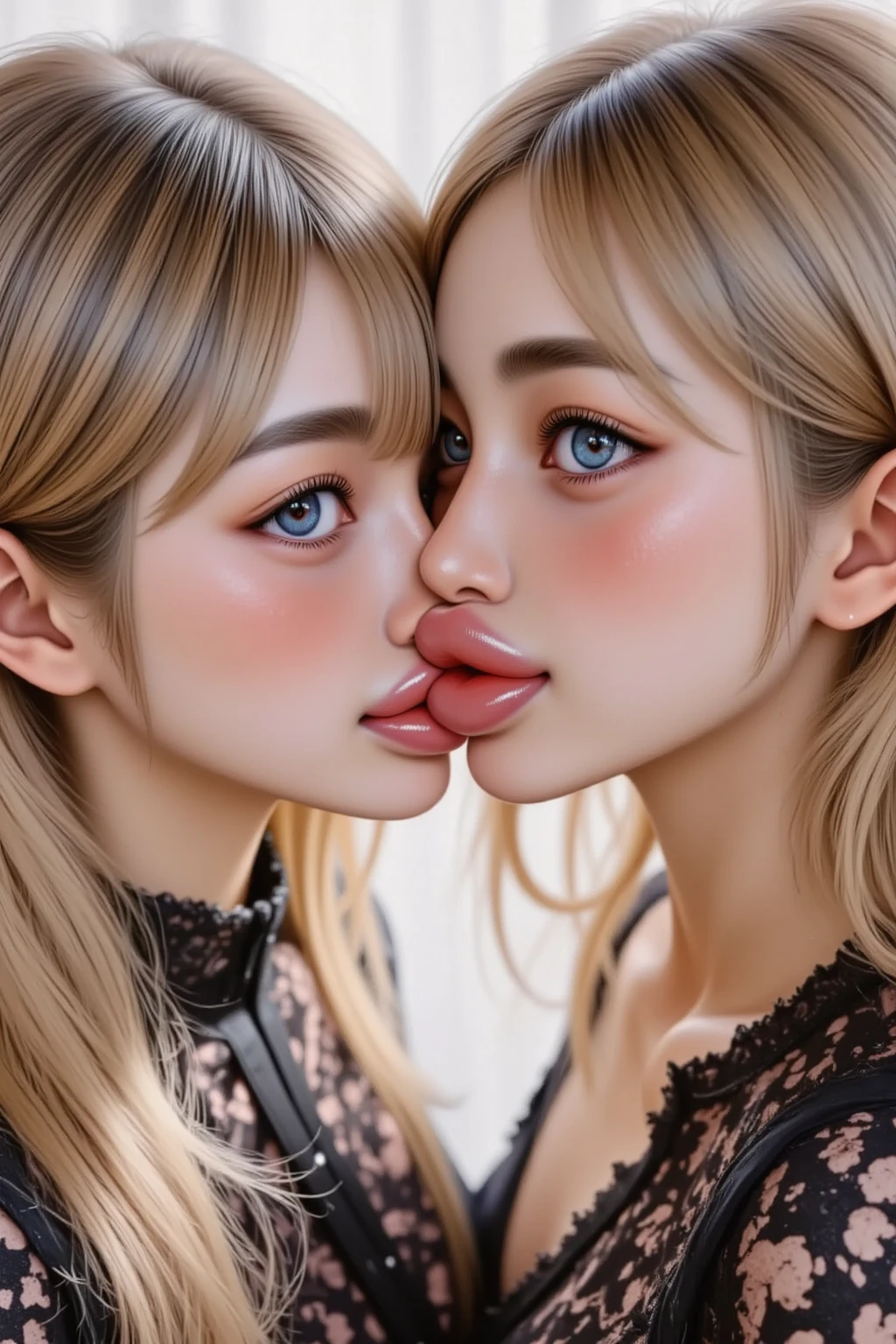 Sexy woman, ((((Two heads one body))), conjoined interracial fraternal twins, left half of body and head asian woman with blond hair, right half of body and head white woman with red hair, large breasts, sexy maid outfit, lactating nipples, tongue on tongue, conjoined tongues, tongues fused into one thick tongue, (((shared tongues merged into one thick tongue)), (((French kissing, tongues kissing)), (((two tongues merging into one shared tongue))), fondling their own breasts, fingering vagina