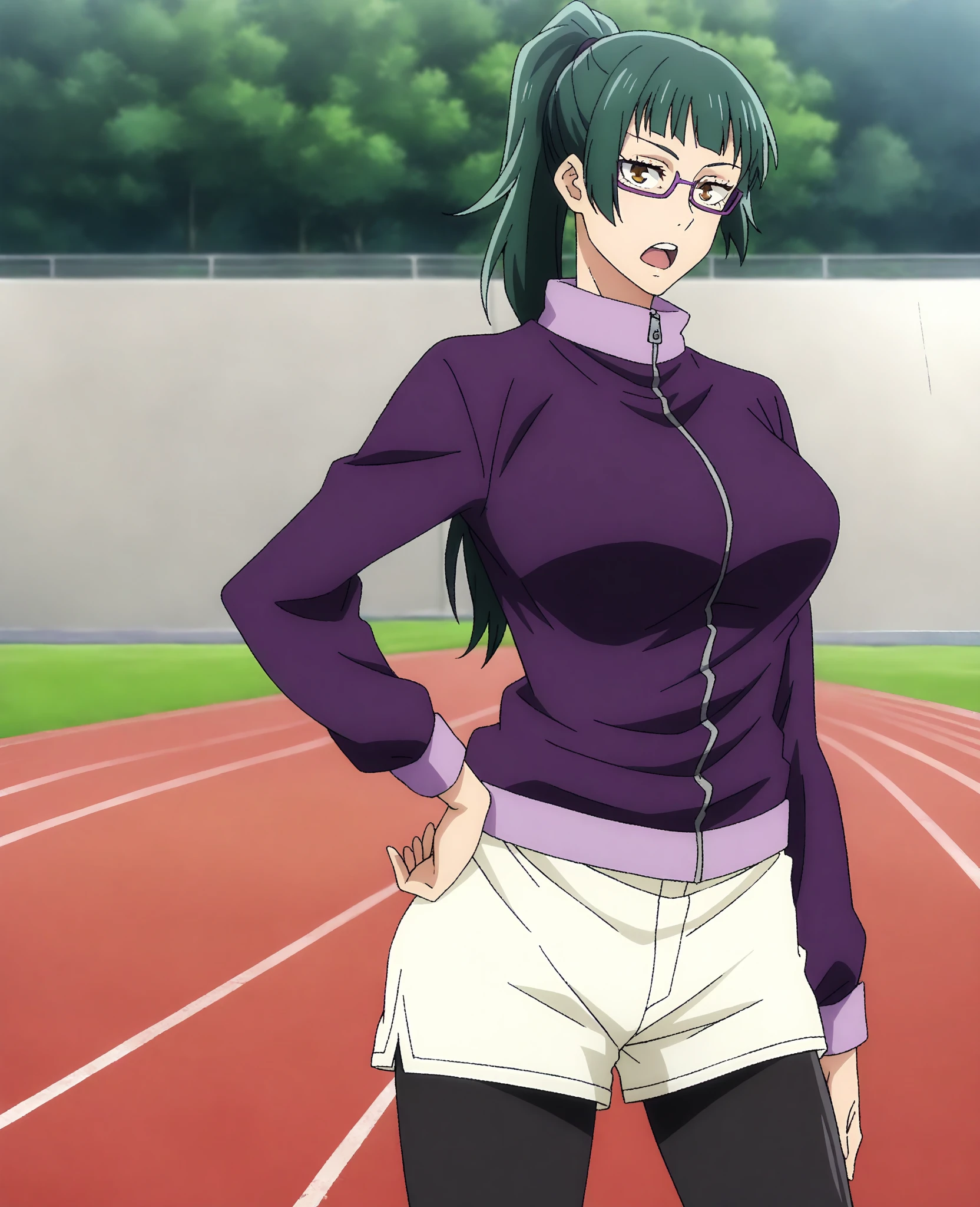1girl, beautiful ,zenin_maki,ponytail,glasses,bangs,green hair,brown eyes,sports bra,outdoors, belt, choker,ultra miniskirt, black_belt, black_choker, earrings, sharp focus, absurdres, realistic proportions, good anatomy, masterpiece, best quality,realistic, hyperrealistic, 16k,medium breasts,erected nipples,red blush,(sexy pose:1.2),spread legs,from below,micro panties,cameltoe,sitting