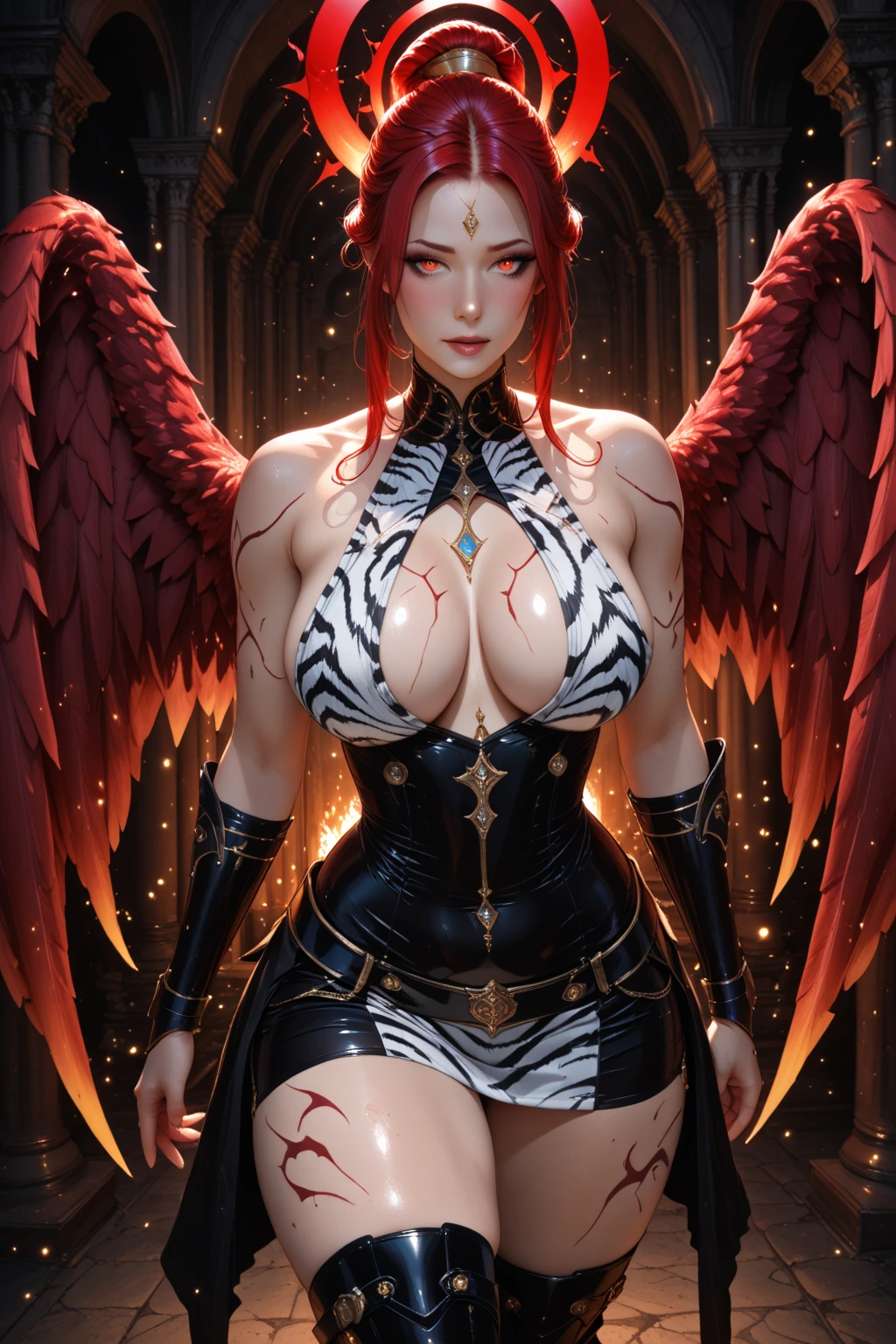 masterpiece, best quality, photorealistic, 1girl, <lora:kwFemale_Beta40-SDXL_v1:1>, red, chinese phoenix, night sky, fire, cleavage, stomach tattoo, nipple piercing, waifu