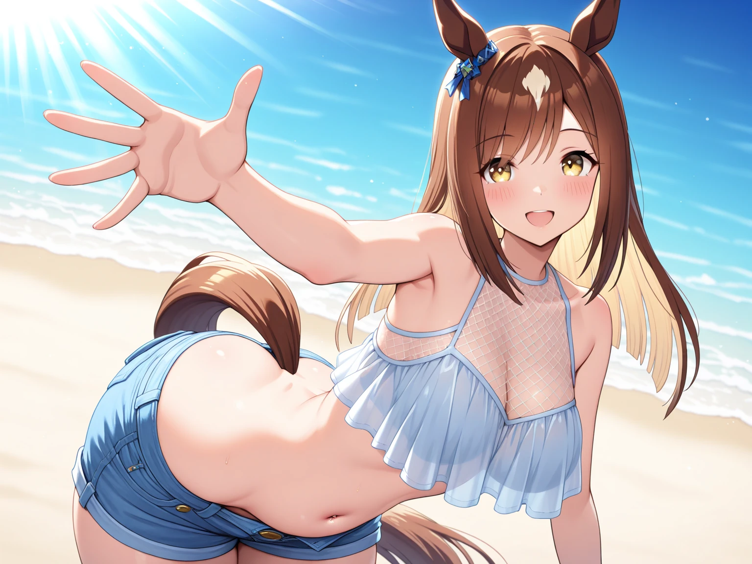 best quality,best resolution,solo,(fluffy anthro furry :1.6),(young :1.8),cat girl,flat chest,dark brown hair,long hair,messy hair,blue eyes,glistering eyes,sparkle eyes,gold canine ears,gold canine tail,gold fur,small bell collar,flower hairpin,(white micro bikini with pink stripped),sunbeam,light and shadow,soak hair,soak face,sweating,soak arms,soak legs,full face blush,heart expression,heart eyes glow,standing,legs in sea,happy face,smile,low angle,looking back,back view,camel toe