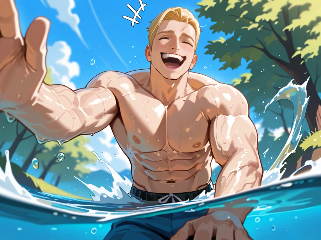 , 2men, Handsome muscular shirtless blonde man  laughing,hands above head  and feet in stocks,ribs tickled by handsome ginger haired muscular shirtless man wearing glasses,  armpits tickled by ghostly hands, feet tickled by feathers, back tickling, nipple tickling by feathers, dungeon background , kissing 