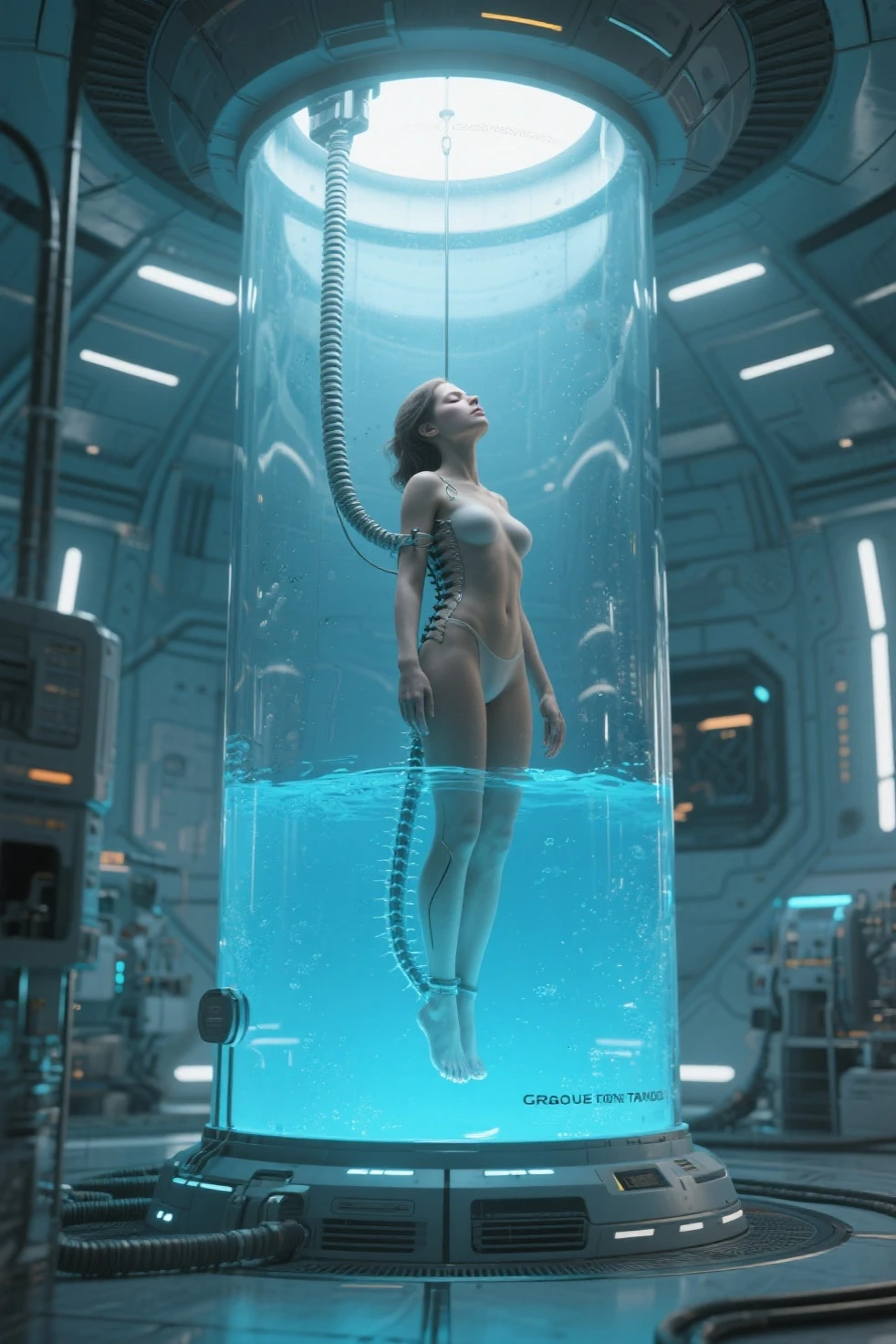 (masterpiece, highest quality, highest quality, official art, beautiful and aesthetic:1.2), very detailed,colorful,most detailed ((super detailed)), (Detailed images), ((very delicate and beautiful)),cinematic light,
cultivation tank,1 girl, long hair, alone, in water, very long hair, bubble, barefoot, air bubble, big breasts, bondage、Completely naked、in water, anklet, convenient censoring, Freediving, beautiful nipples、
full body,machine made joint,Blood vessels connected to tubes,mechanical spine attached to the back,Mechanical cervical vertebrae attached to the neck,Expressionless,wires and cables connected to the neck,Wires and cables on the head,character focus,SF,Blood,