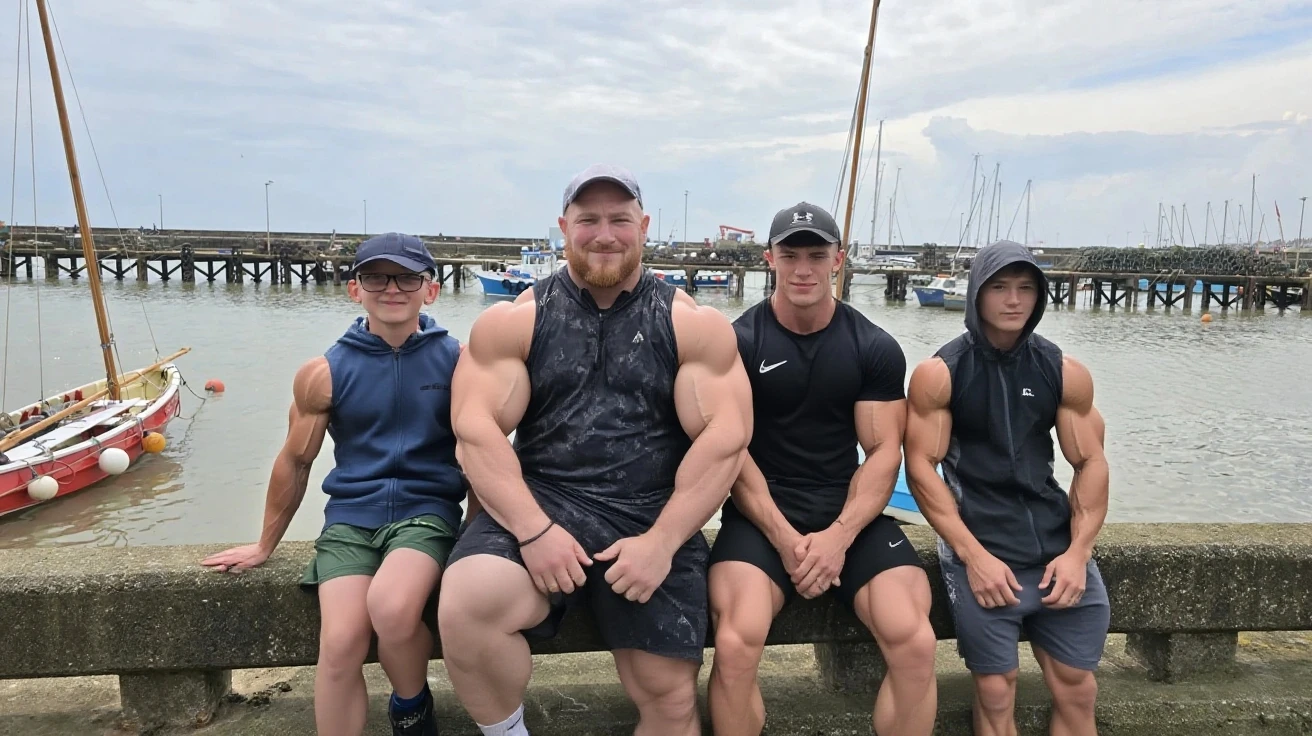 white skin, tall to the ceiling, bodybuilder, highschool freshman, relaxing in the beach, dressed in swim trunks and a loose tank top, show abs, cute young face, great height difference. high detail faces. show full height, bodybuilders in the picture working as lifeguard helping old people carry things, bigger boys carrying smaller in shoulders