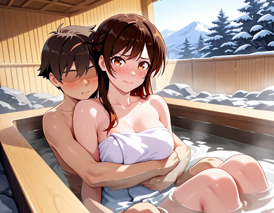 A lewd illustration showing the entire hot spring bath。A mysterious and seductive woman is shown。((Women have soft eyeliner and pink eyes.、Her hair is black with a light pink mesh running through it.、Busty beauty with black ribbon ponytail hair))She enters the mixed-gender hot spring bath, arousing the men, and even through her towel, her bulge is clearly visible above her waist.。((The woman is hiding her body by holding a transparent towel over her arms.)。Women have big breasts、Areola visible、Her face is red and she is shy, but also looks interested as she enjoys the men's reactions.。Their skin is flesh-colored and they are only covered by a white towel..、Happy, Very blushing face。Love symbol is displayed。The area was surrounded by middle-aged men wearing only towels with lewd looks on their faces.。They are breathing hot air and sweating a lot...。