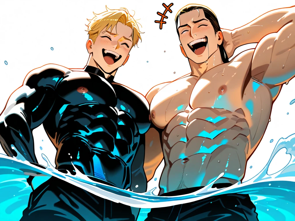 2 males, black hair /(male 1/), orange hair /(male2/), blue eyes /(male1/), brown eyes /(male2/),  swimsuit, Men's boomerang-type swimsuit that looks like a string, ((Main glossy black with yellow lightning bolt mark as an accent color,)) happy, left side /(male1/), right side /(male2/), staring at eachother, smile, loving face, heart, outdoor pool, detailed background, Energetic swimming boys practicing,