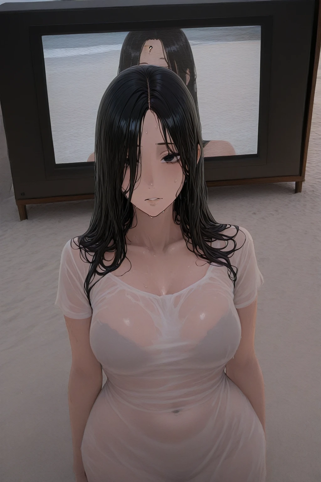 facing at camera,face to the viewer,standing on your feet,High picture quality,Works of masters,Kizi,Dark blue hair,Long hair shawl,Long hair flowing over the shoulders,cropped shoulders,鎖骨,exquisite face,Hydrated red lips,White front buttoned lace-trimmed tulle butterfly dress,Hosiery,Expose calves,鎖骨,facing at camera,Single photo,Hosiery,A sad expression,Bust,Real Persono,swimmning,Stand in the water to expose your upper body(the sea),CG rendering,16k,looks into camera,The night view was beautiful,A sad parting,hyper HD,The details were perfect,The picture is real,Extreme picture quality,Highest accuracy,8K resolution,Shades of darkness,8K, Yes ,Ultra HD,8K