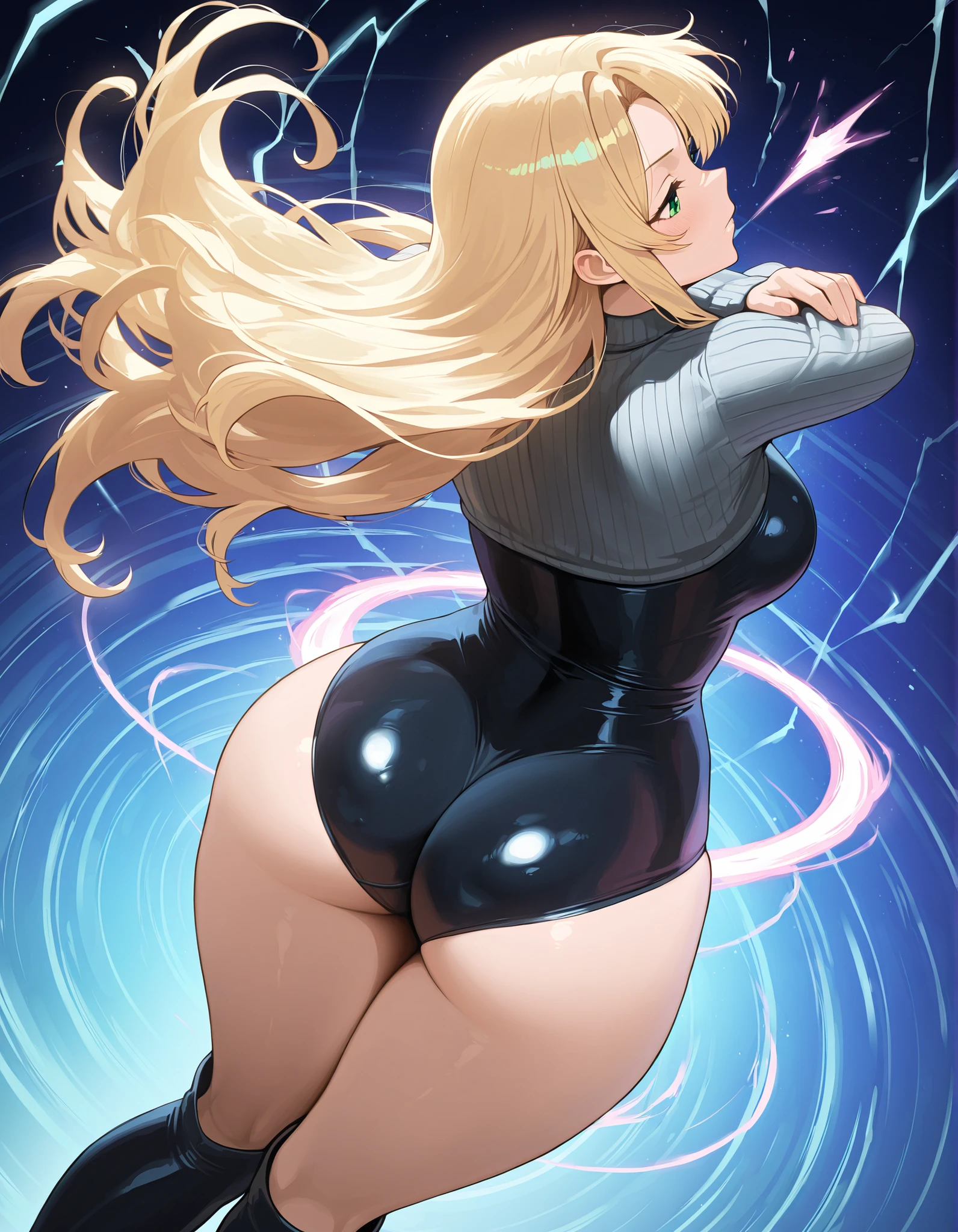 masterpiece, best quality, agrias, grey sweater, black leotard, twirl, spin, blonde hair, superhero, boots, tornado, whirlwind, solo, bare legs, whirl, wind effects, spinning into a tornado, fast spin, stand, time travel, travelling through time, highleg