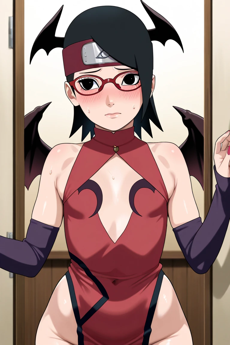 anime girl in a short dress and glasses with a red cape,| artgerm, female protagonist 👀 :8, realistic anime 3 d style, anime styled 3d, realistic anime artstyle((naked long belly)) background forest((( nude))))(((( arms above showing armpits))))