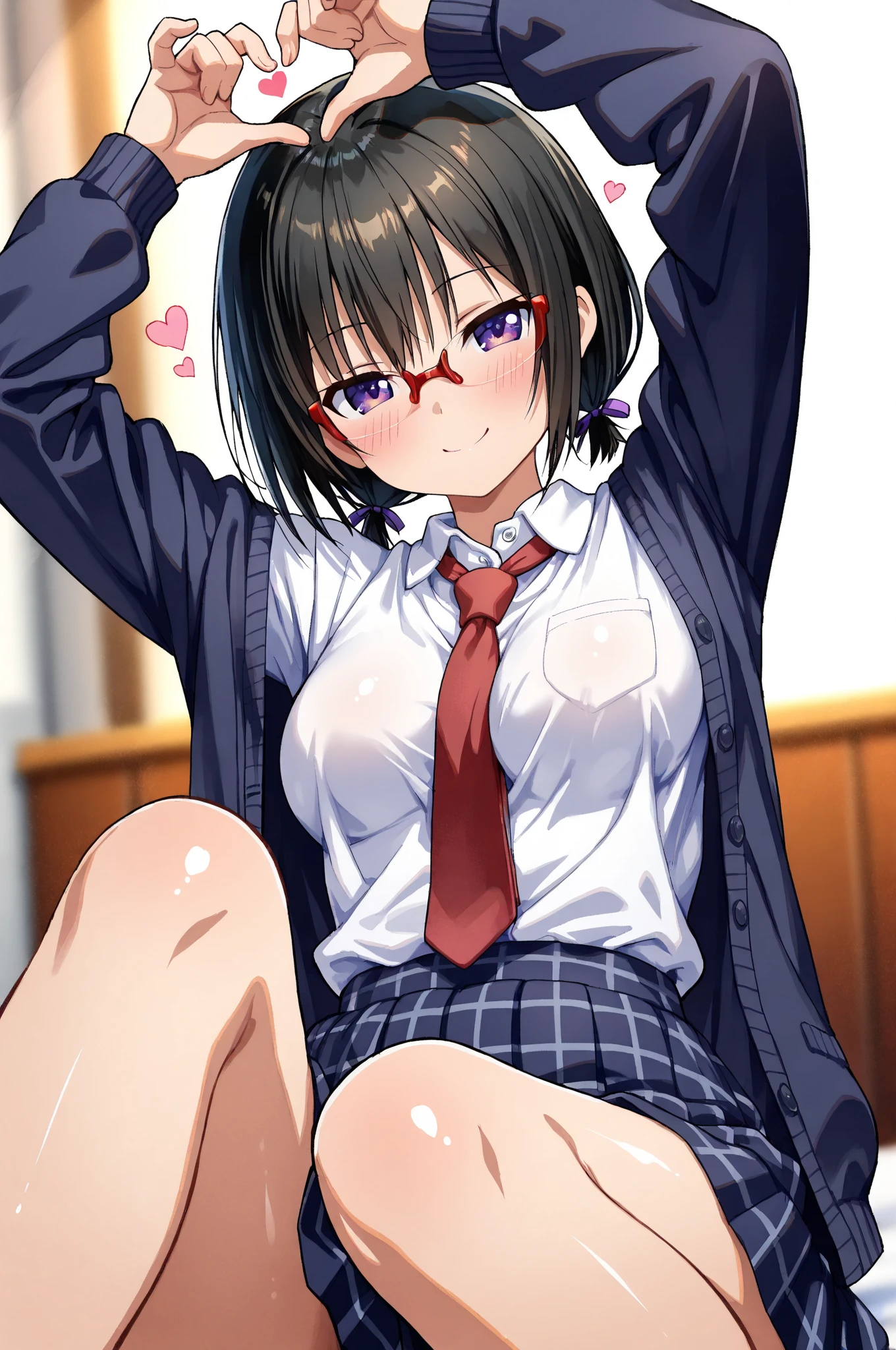masterpiece, best quality, girl, 10yo, (petite), glasses, black hair, middle hair,
 seductive smile, squatting, sailor uniform, (open clothes), (clothes lift), small breasts, nipples, library,