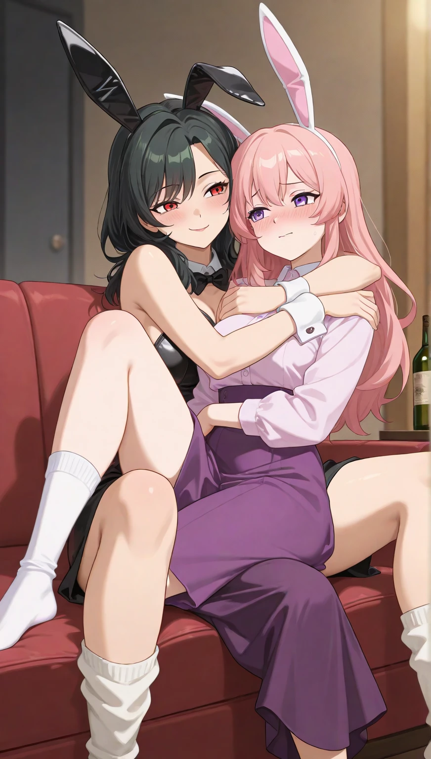 Young girl with pink hair, long twintail hairstyle, small bushy eyebrows, wearing gothic lolita clothes, walking in the mall, flirty smile , suddenly having sex in public, ((doggy style sex)), ((public sex in a restaurant)) naked ass in the male crotch, perfect anatomy
