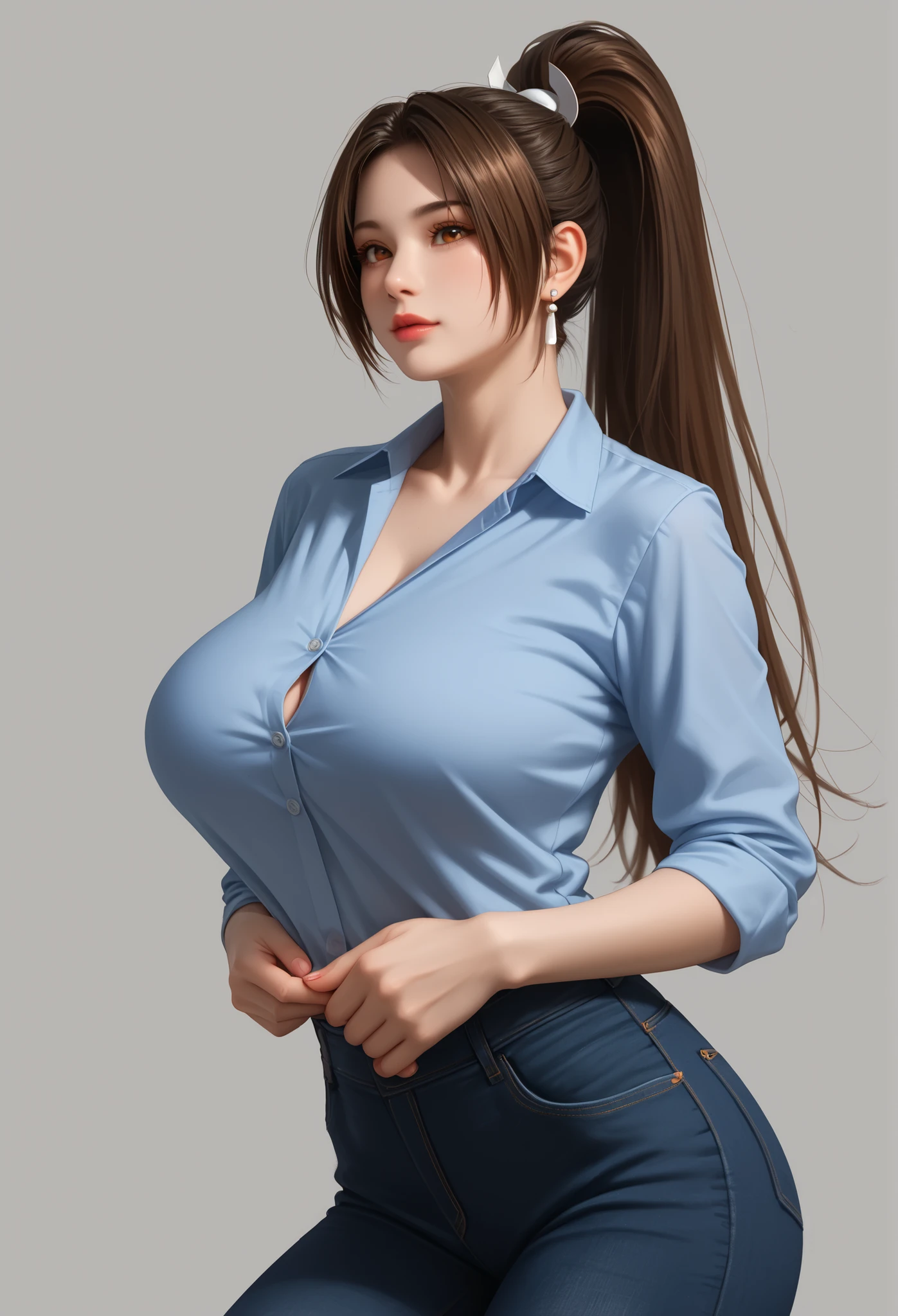 slim soft body, long brown hair with purple highlights, ponytail, blue eyes, blush, black eyeliner, unbuttoned, unzipped short shorts, topless, big breasts