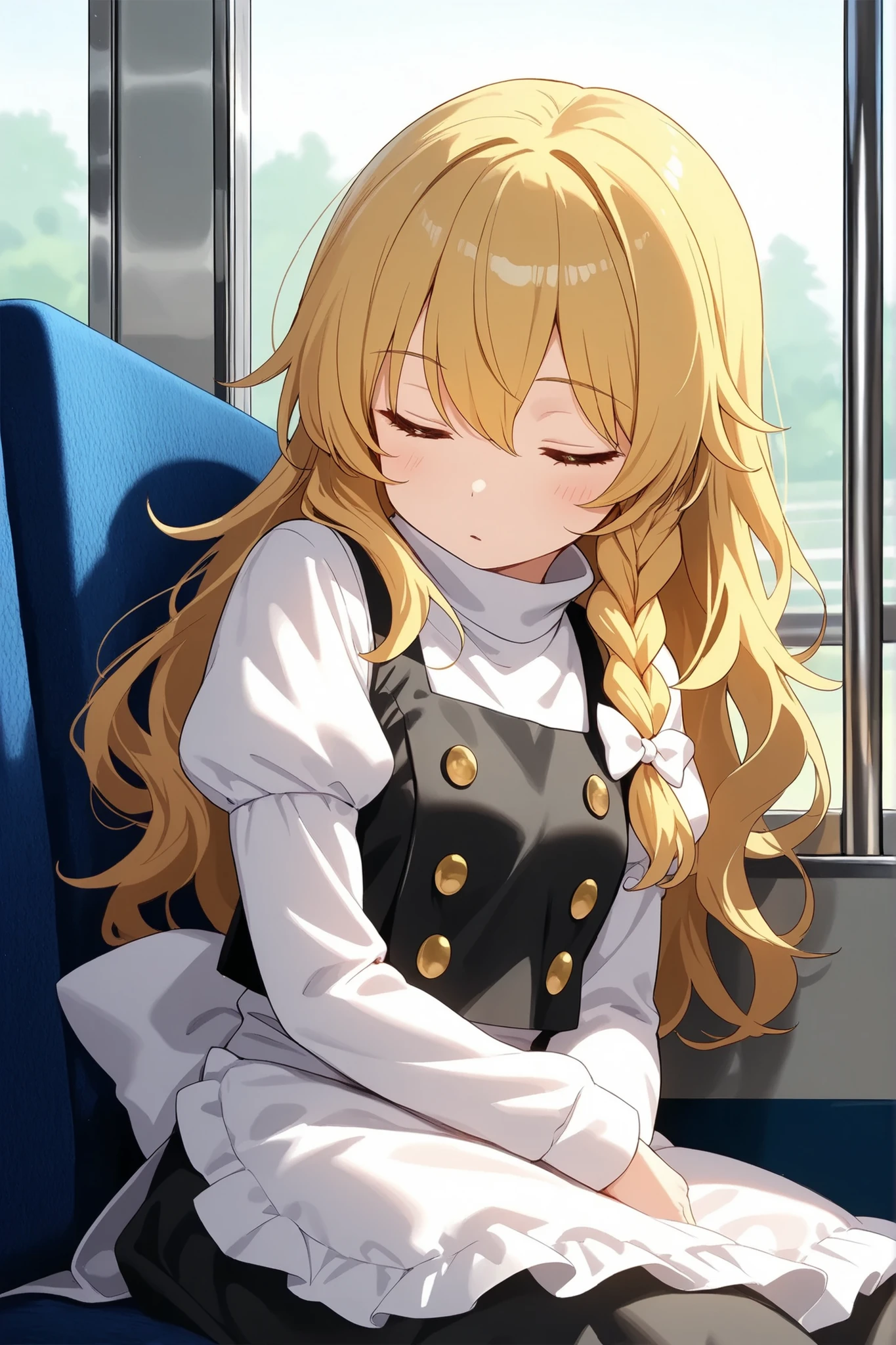 (Quality, 4k, A High Resolution, Masterpiece), Marisa Kirisame, blonde hair, long hair, side braid, golden eyes, white long-sleeved shirt, sleeping, sitting in the seats of a bus