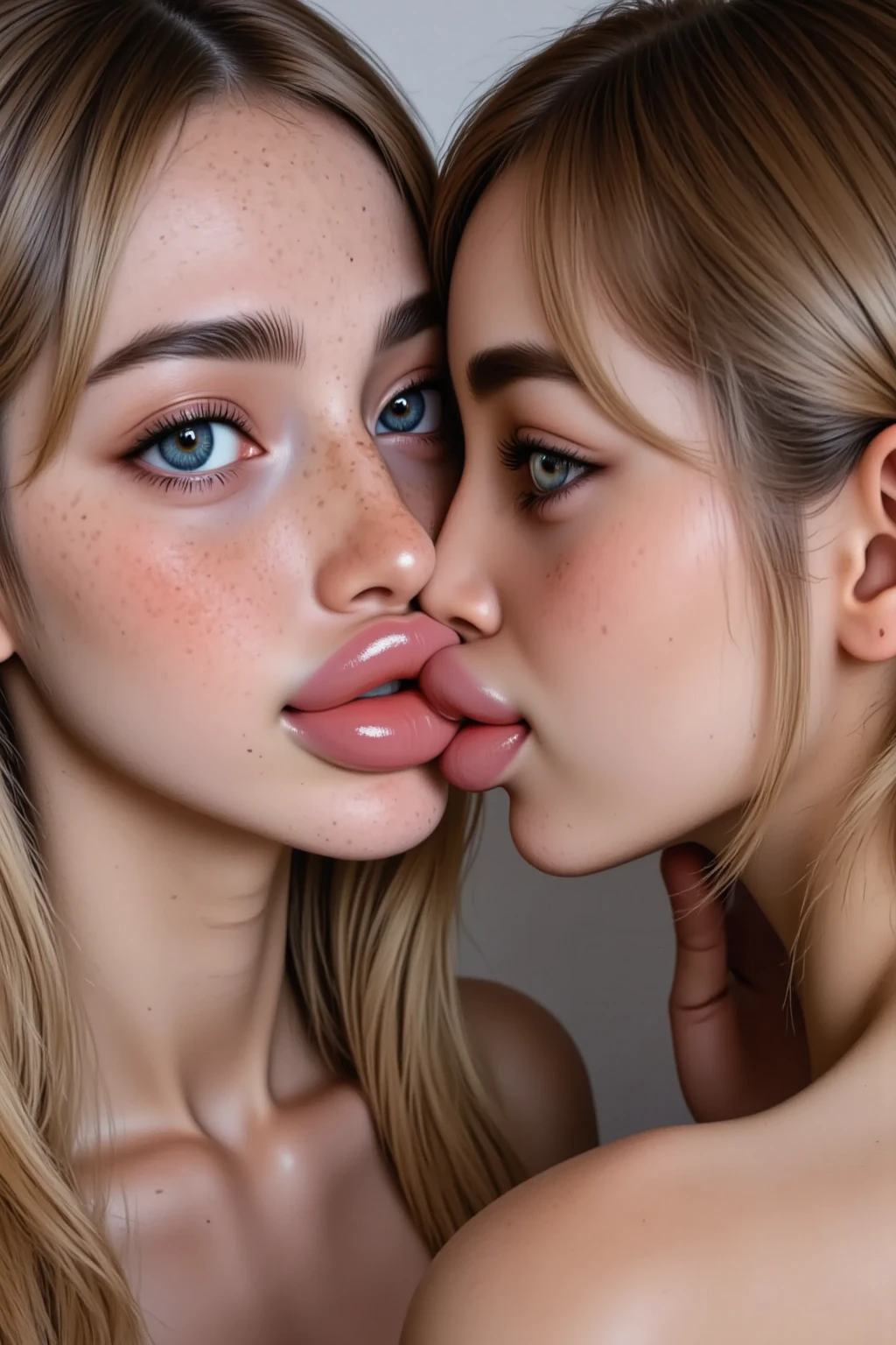 A realistic rendering of a David Wright style illustration of a very close shot, ultra close shot on the breasts of three girls, 3 pert, nubile, thin, Freckled, teen girls, best quality, one's open mouth positioned close to the other's nipple, one's nipple positioned close to the other's mouth, with 50s style, very short, brown and blonde hair, topless, bare breasts, small breasts, little breasts, tiny breasts pink nipples , puffy nipples , exposed nipples , wearing glowing, neon, pastel colored body harnesses, black leather, black lace, open blouse, undressing, uniform, partially clothed, silver art deco design background