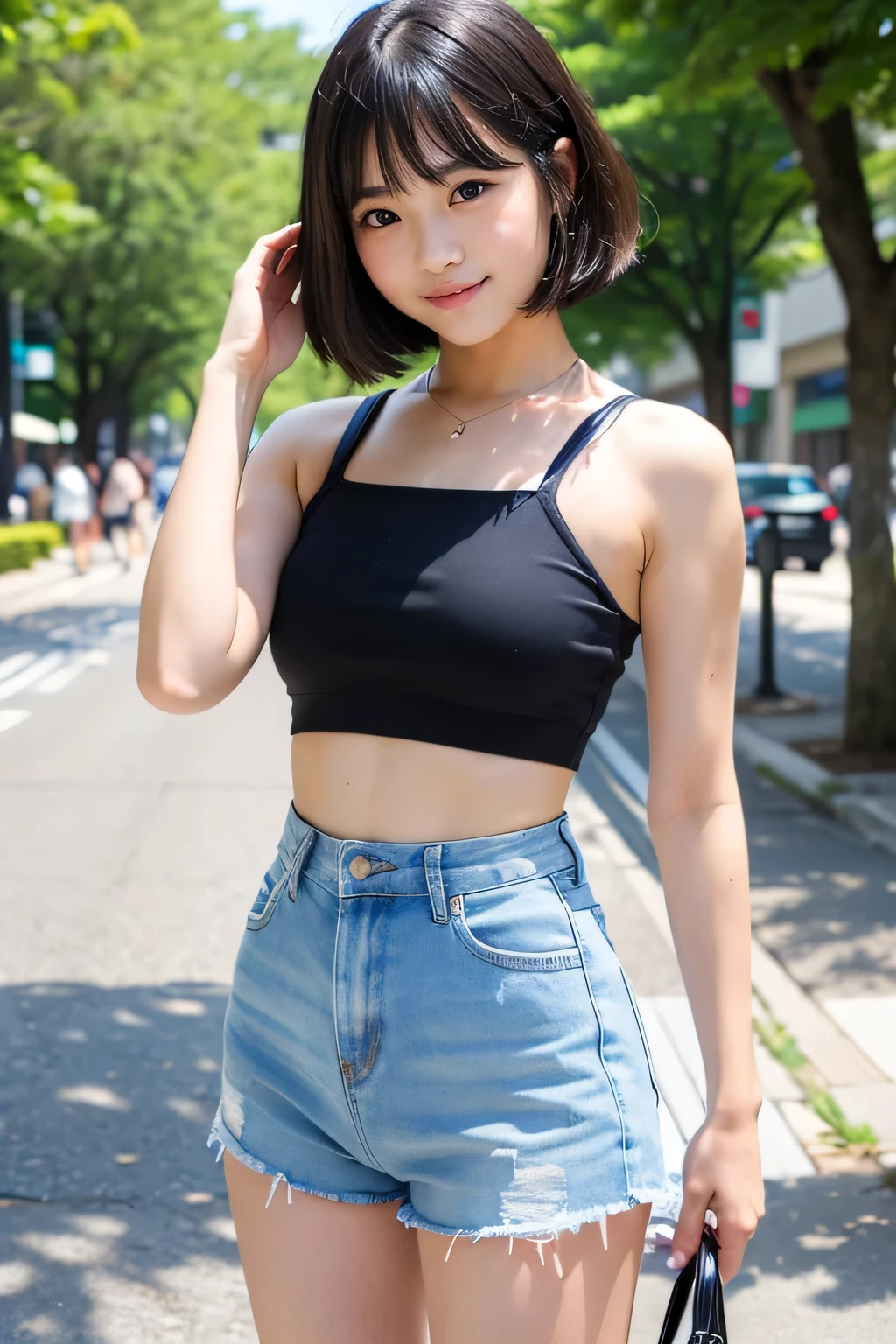 best quality, masterpiece, ultra high res, 8K, raw, (photo realistic:1.4), professional lighting, low angle, 1 girl, (detailed background:1.5), tokyo shibuya street, full body, slender, dynamic pose, cute, smile, tiny breasts, detailed clothes, crop_top, (white, ripped wide jeans)