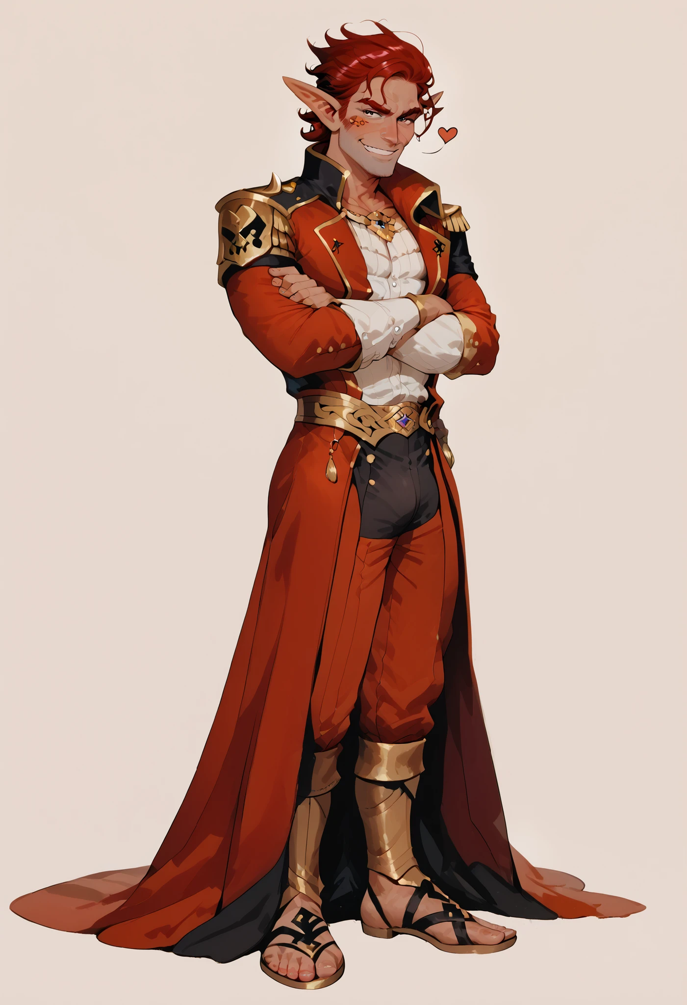 (masterpiece, best quality:1.2), highly detailed, solo, 1 man, mature man, full body , male elf, red hair, athletic body, tan skin, pirate clothes, armed with silver rapier, smug grim smile, amazing tavern background, fan art,