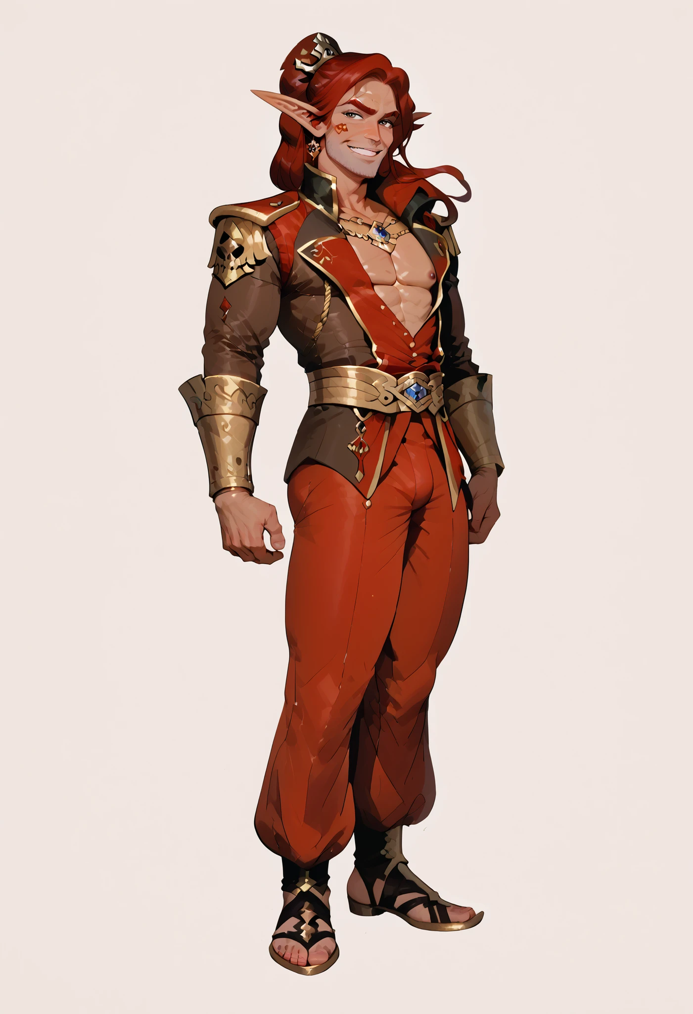 (masterpiece, best quality:1.2), highly detailed, solo, 1 man, mature man, full body , male elf, red hair, athletic body, tan skin, pirate clothes, armed with silver rapier, smug grim smile, amazing tavern background, fan art,