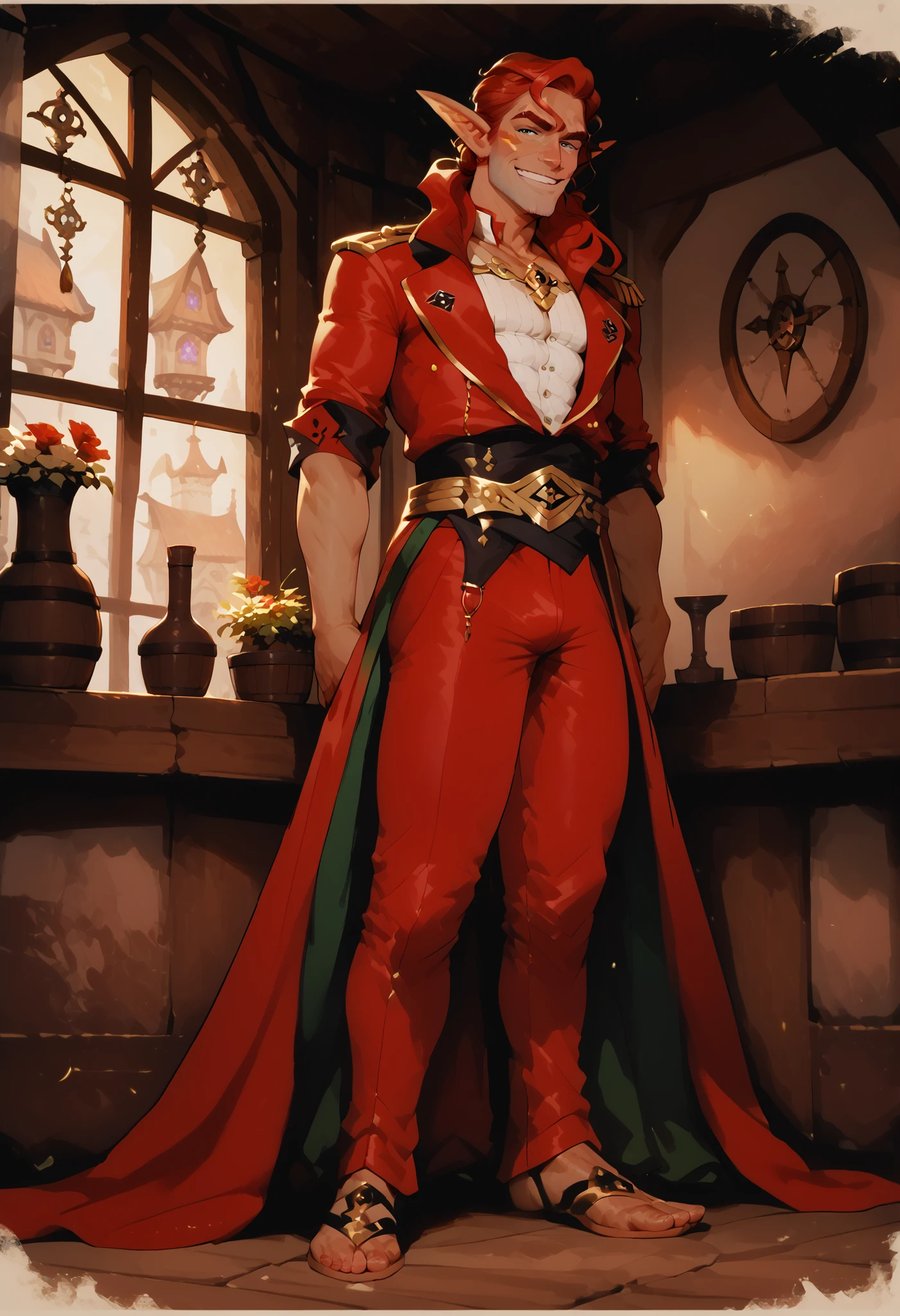 (masterpiece, best quality:1.2), highly detailed, solo, 1 man, mature man, full body , male elf, red hair, athletic body, tan skin, pirate clothes, armed with silver rapier, smug grim smile, amazing tavern background, fan art,
