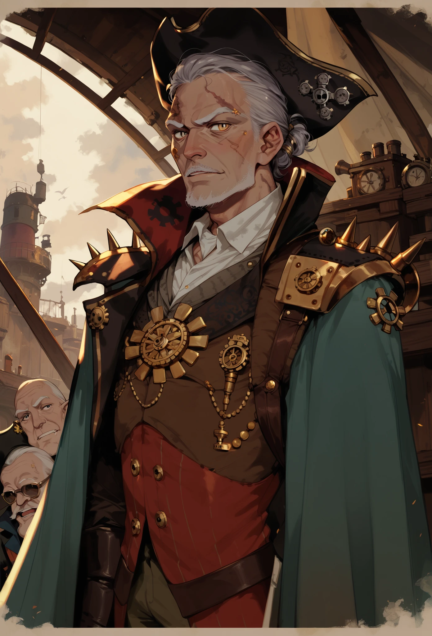 Grey hair, old man, steampunk esthetic, Slit Pupils, pirate theme,