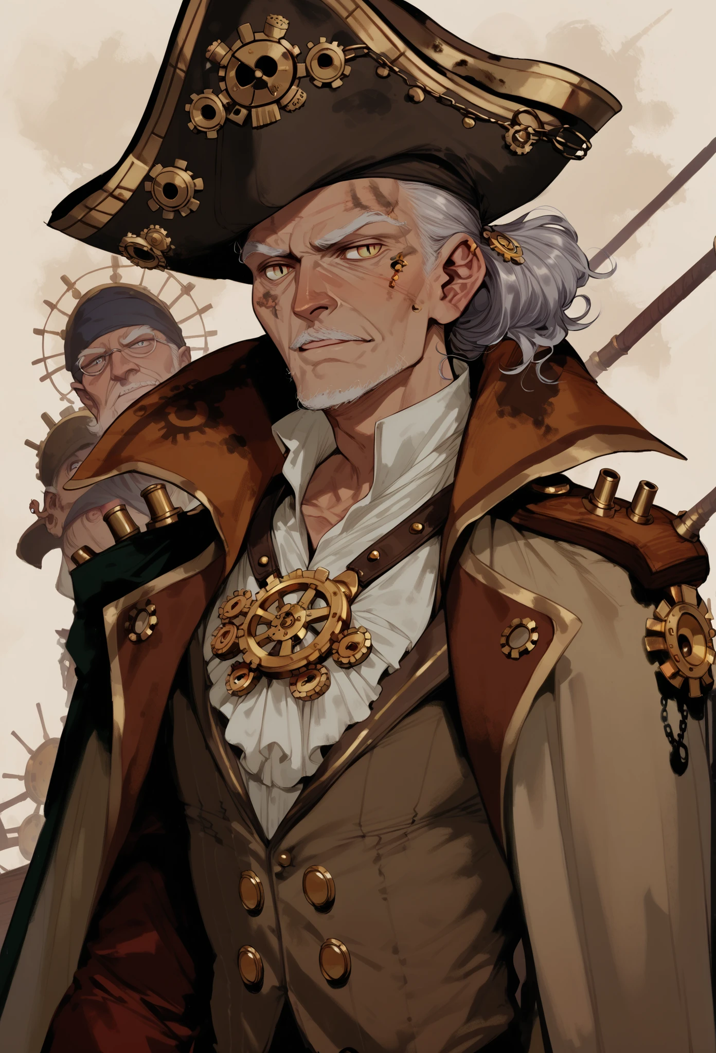 Grey hair, old man, steampunk esthetic, Slit Pupils, pirate theme,